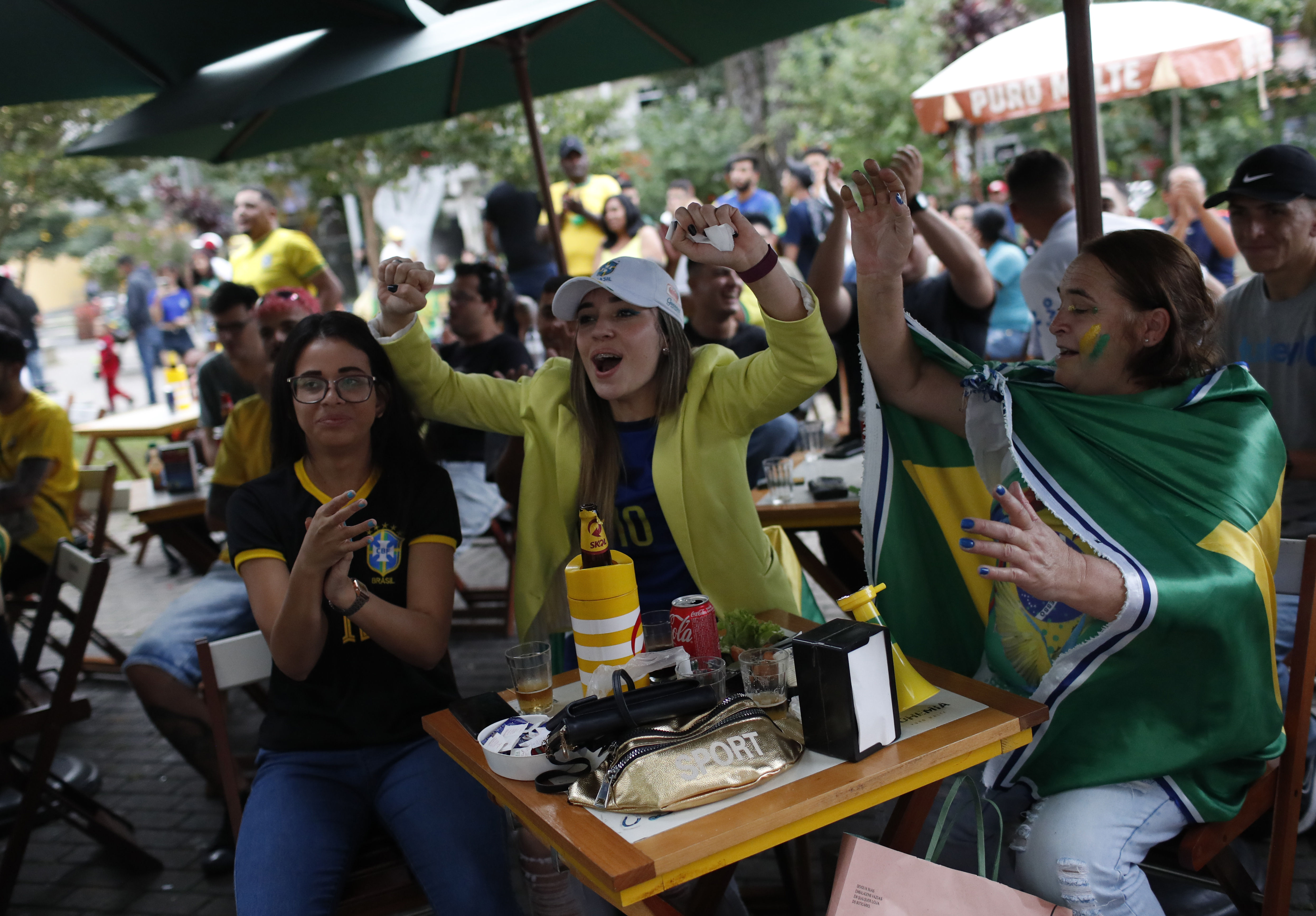 Brazil football fans celebrate during World Cup match.