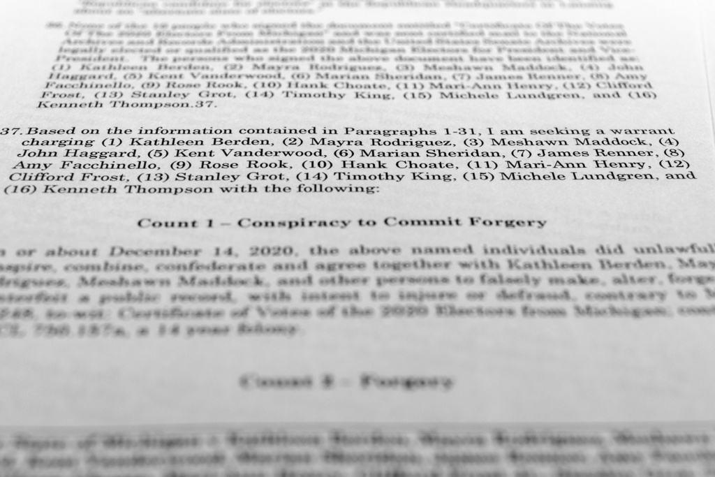 An affidavit in support of an arrest warrant for the 16 fake electors