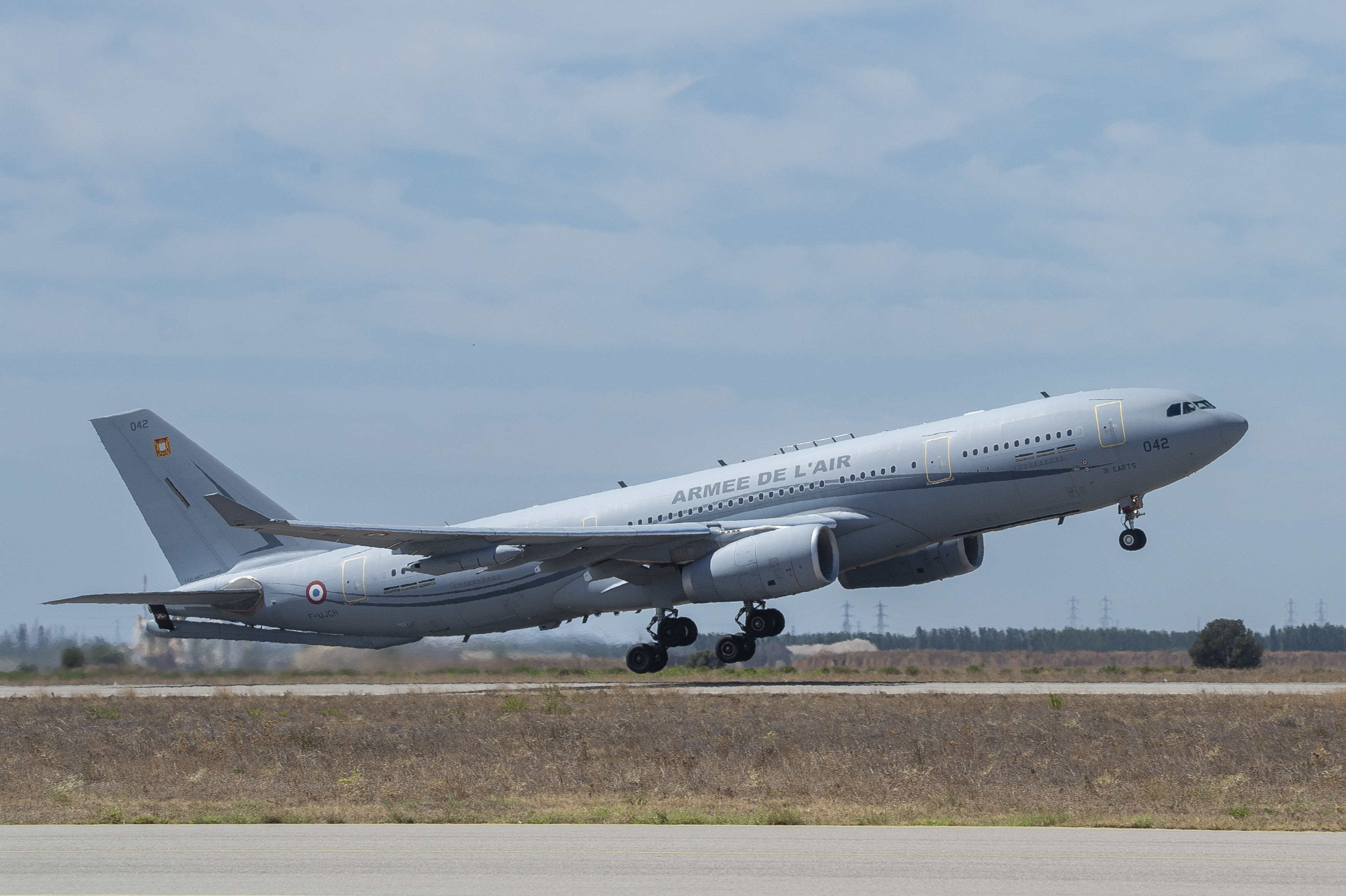 This handout picture taken and released on August 1, 2023 by the French Defence Staff shows a MRTT plane taking off from Istres-Le Tube Air Base near Istres, northwest of Marseille, southern France