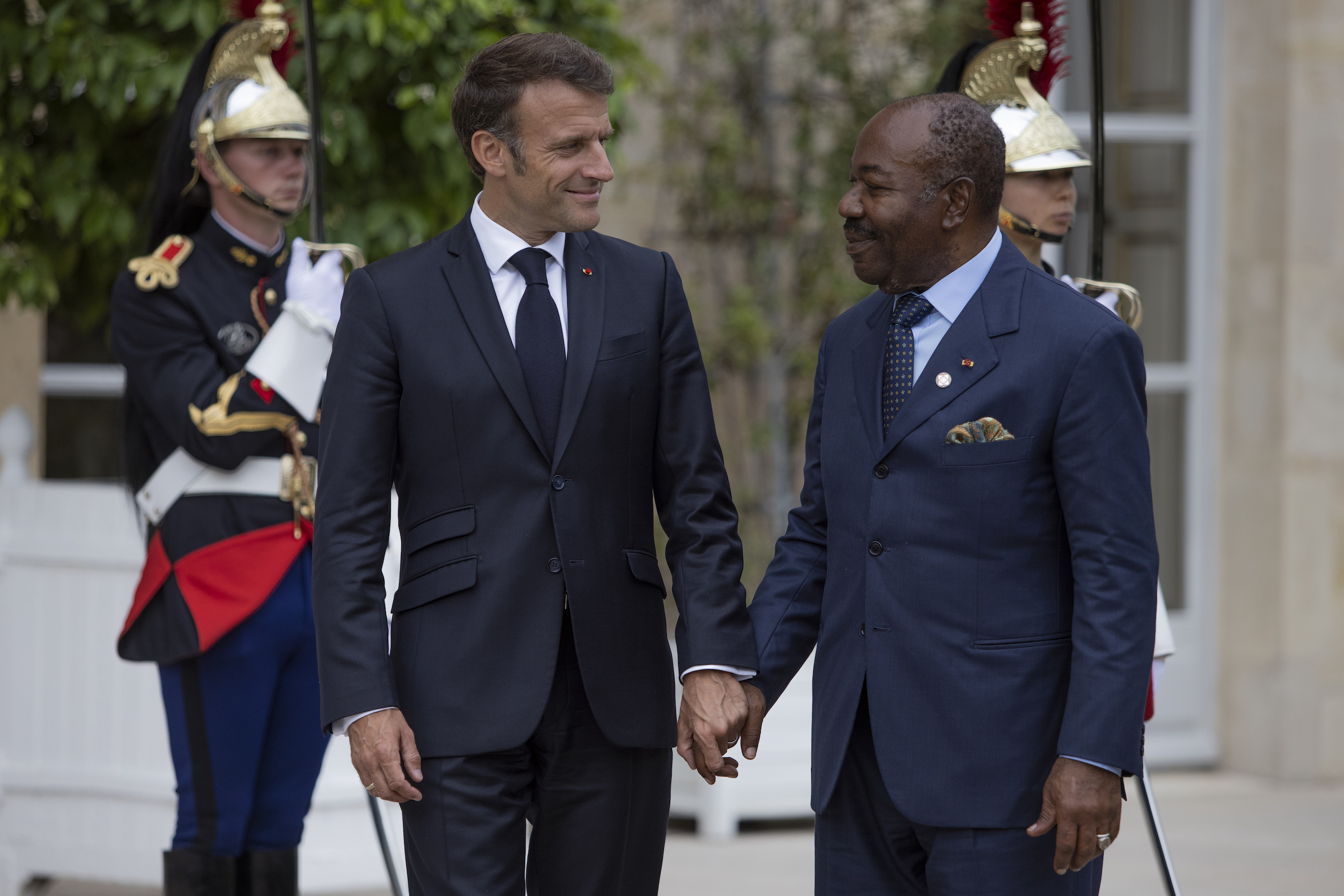 French President Emmanuel Macron (left) meeting Gabon’s President Ali Bongo Ondimba at the Elysee Palace in Paris in June. The military’s announcement came after Bongo was announced as the winner of the weekend’s election