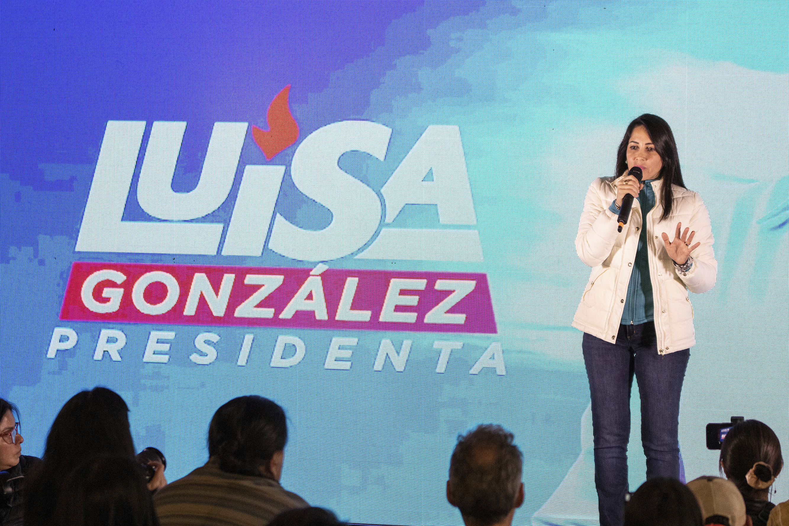 Left-wing presidential candidate Luisa Gonzalez, of the Citizen Revolution Movement, speaks to supporters after the polls closed in Quito
