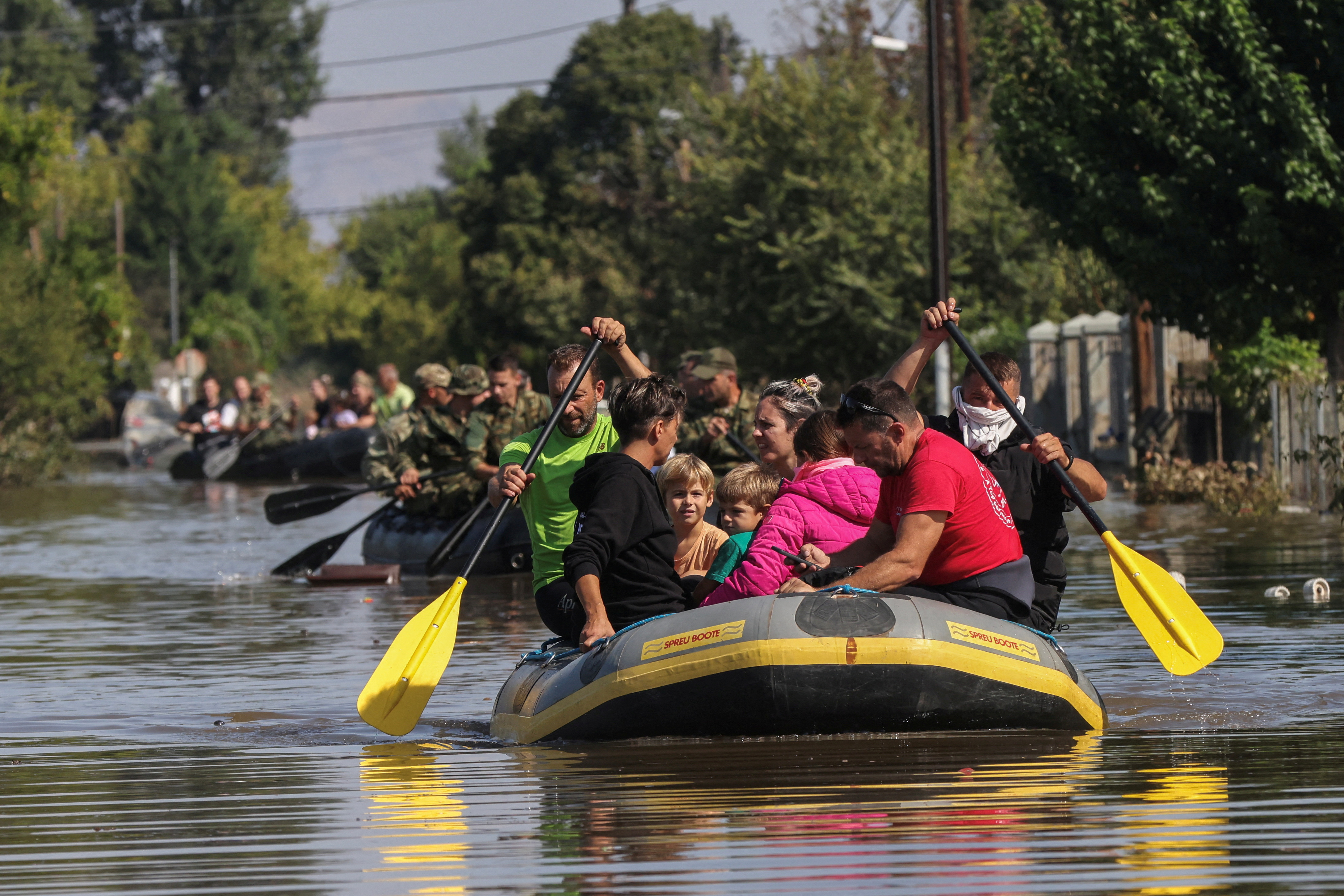 Locals are evacuated on rubber boats as flood waters cover the town of Palamas, in the aftermath of Storm Daniel incentral Greece, in Palamas, Greece