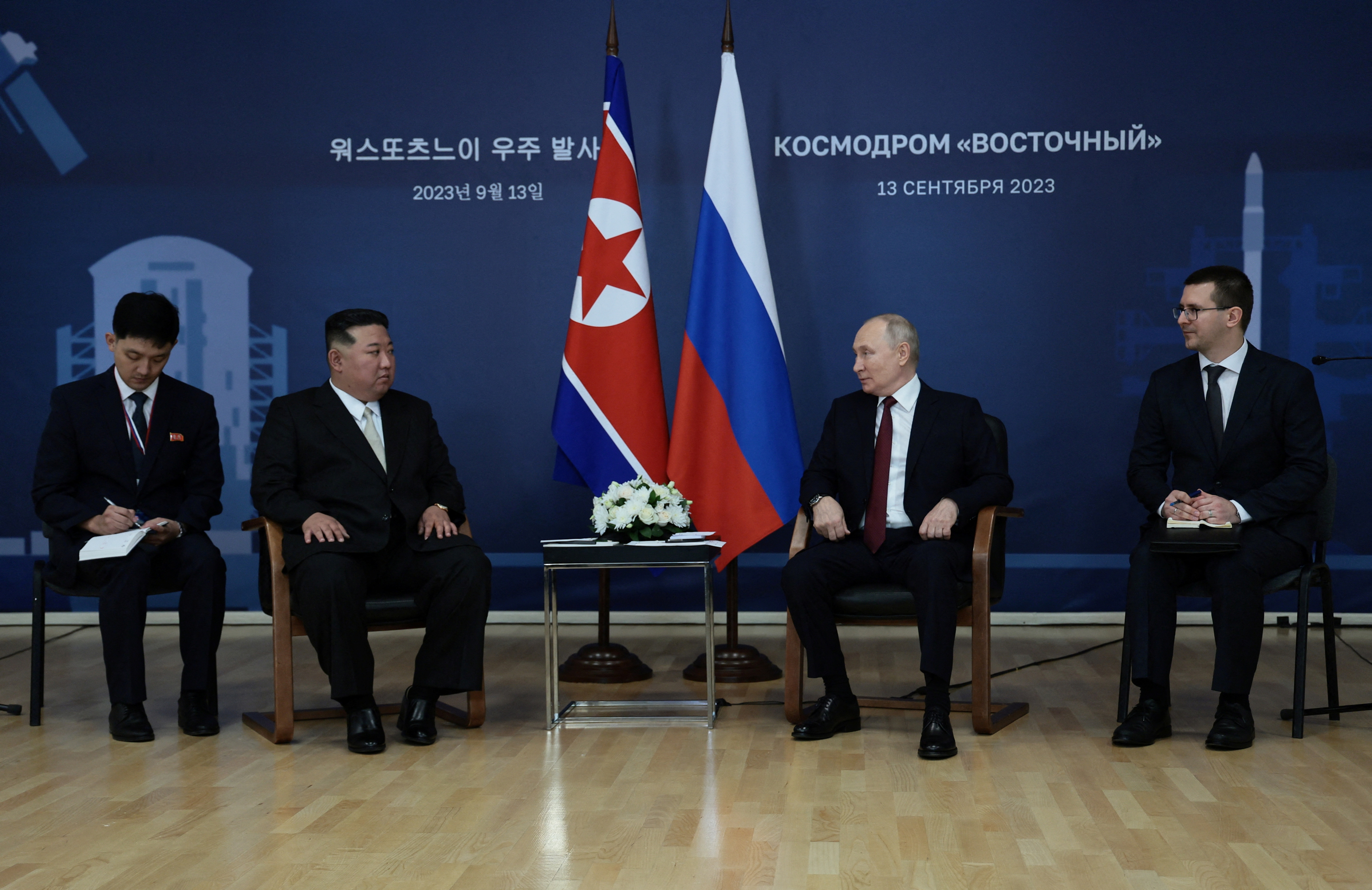 Russia's President Vladimir Putin meets with North Korea's leader Kim Jong Un at the Vostochny Сosmodrome in the far eastern Amur region