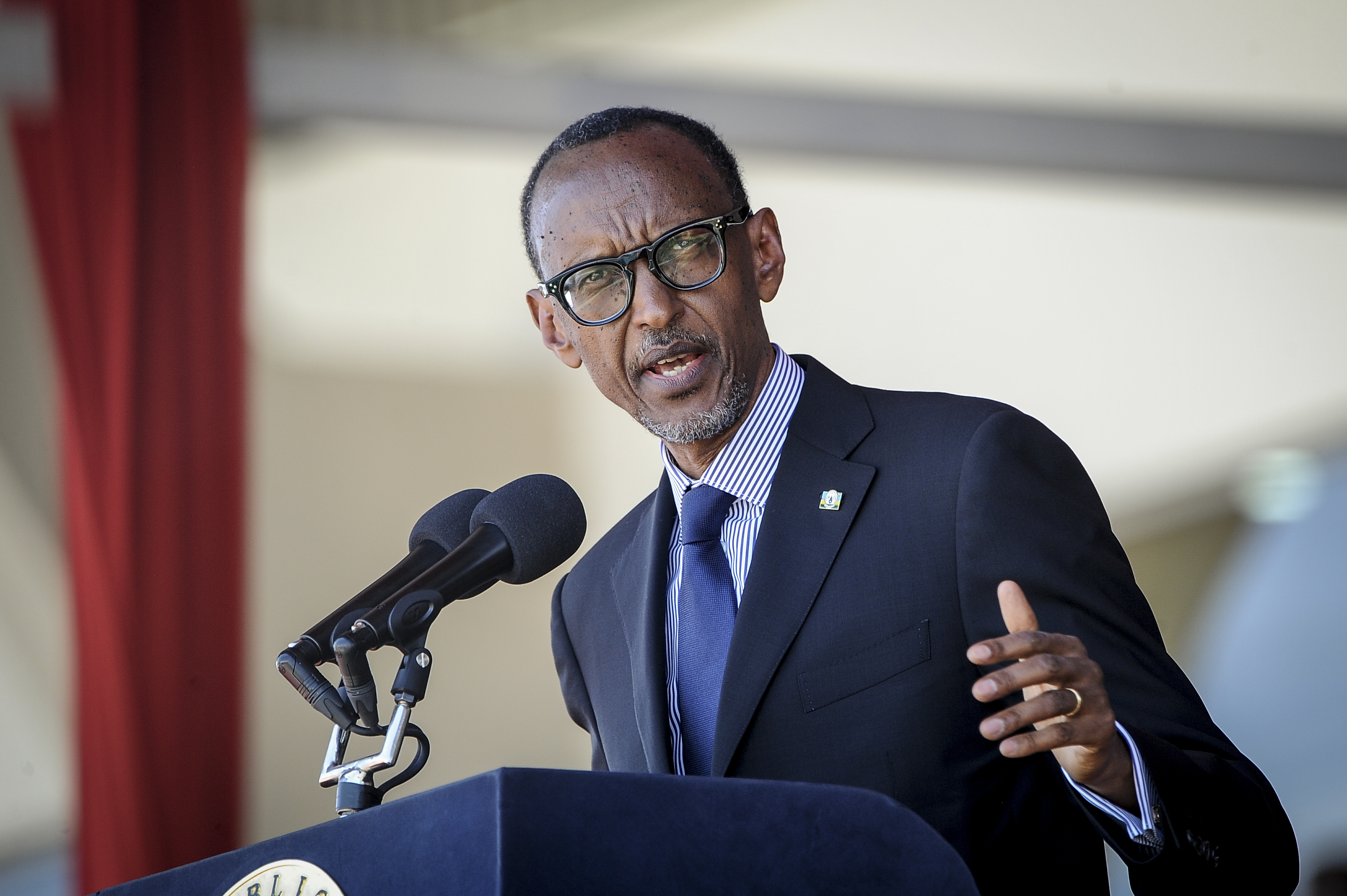 FILE - In this Tuesday, Feb. 11, 2020 file photo, Rwanda's President Paul Kagame speaks during the state funeral of Kenya's former president Daniel arap Moi, at Nyayo Stadium in the capital Nairobi, Kenya. The new book "Do Not Disturb" by British author Michela Wrong questions why some in the international community continue to praise Rwandan President Paul Kagame despite repression in his central African country. (AP Photo/John Muchucha, File)