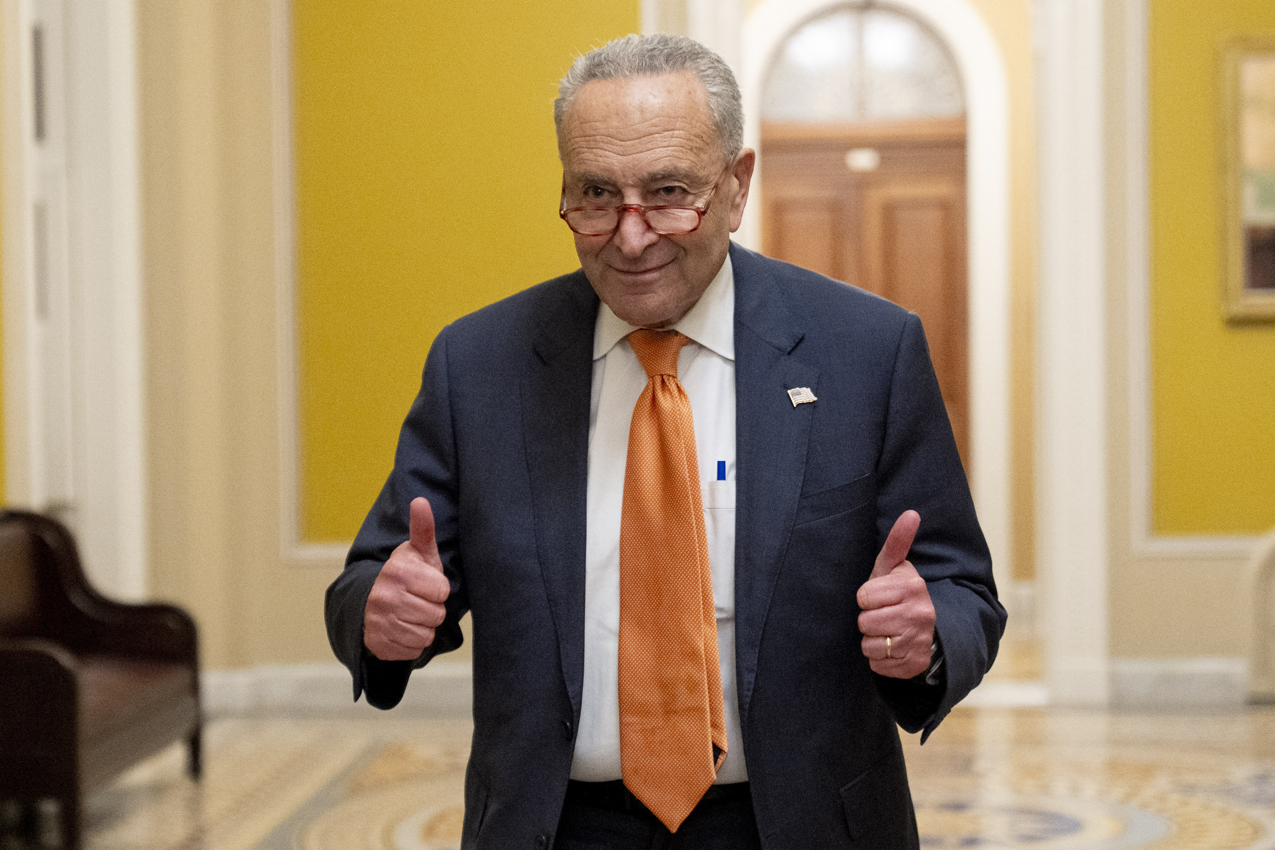 Senate Majority Leader Chuck Schumer giving a things up. He looks relieved.
