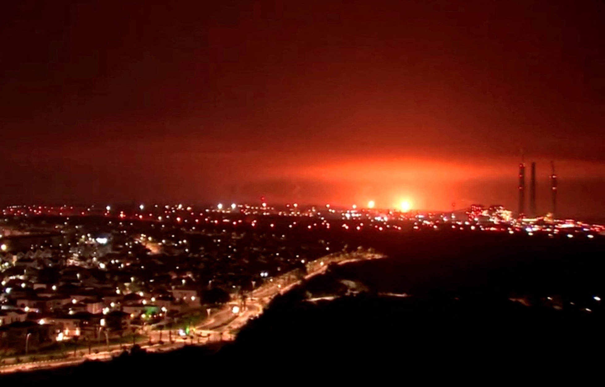 An explosion is seen on the Israel-Gaza border