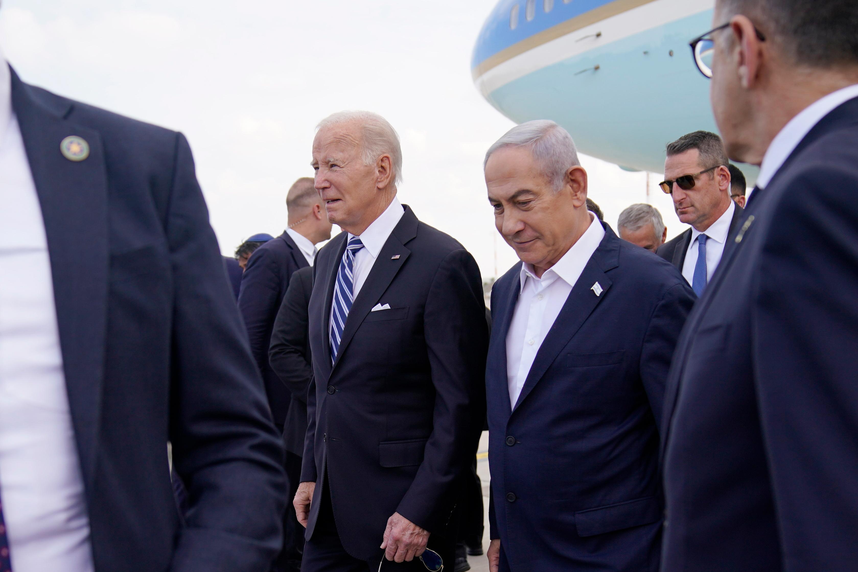 President Joe Biden is greeted by Israeli Prime Minister Benjamin Netanyahu after arriving at Ben Gurion International Airport in Tel Aviv