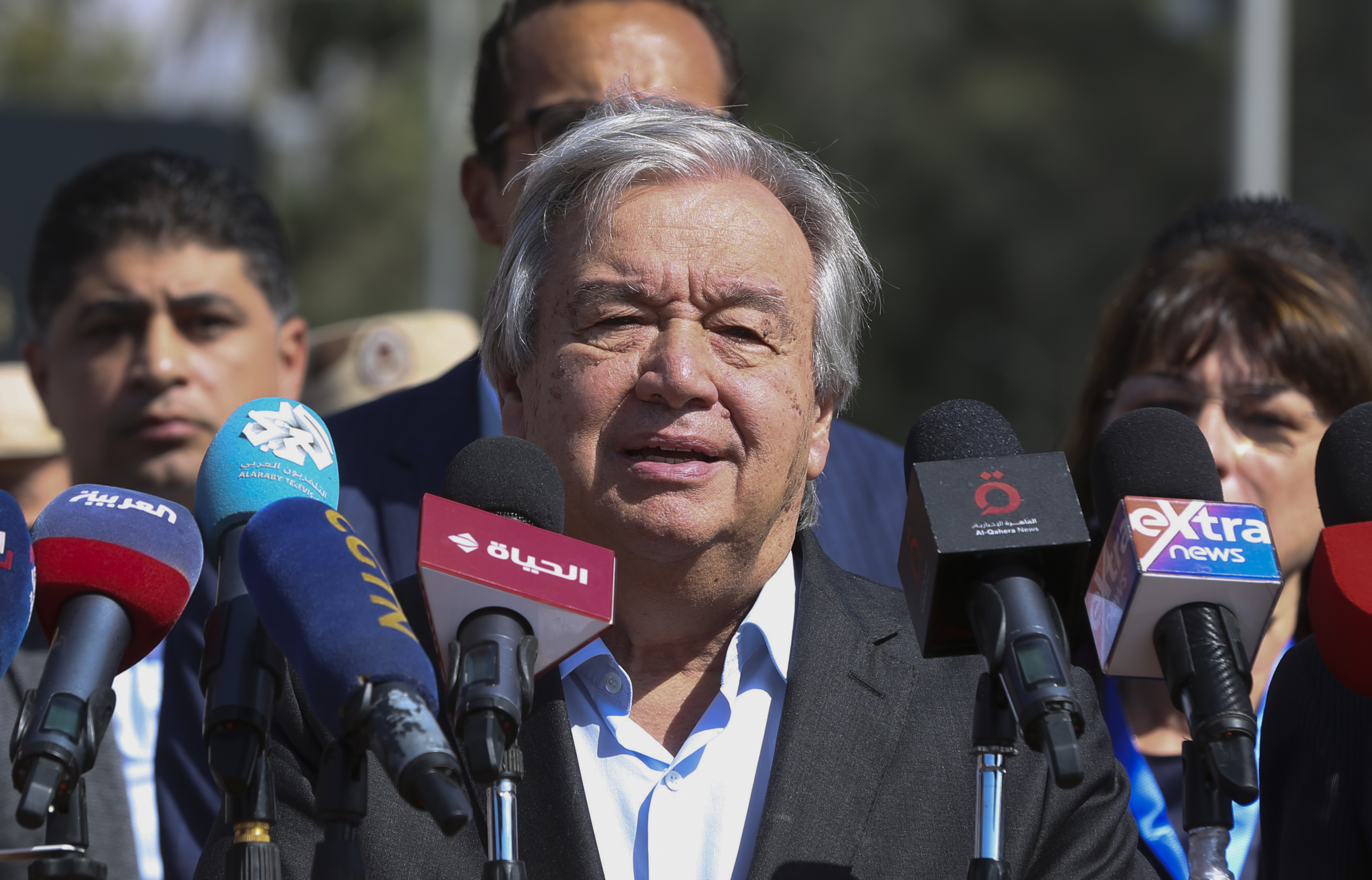 The U.N. Secretary-General Antonio Guterres speaks at the Rafah border crossing, Egypt.