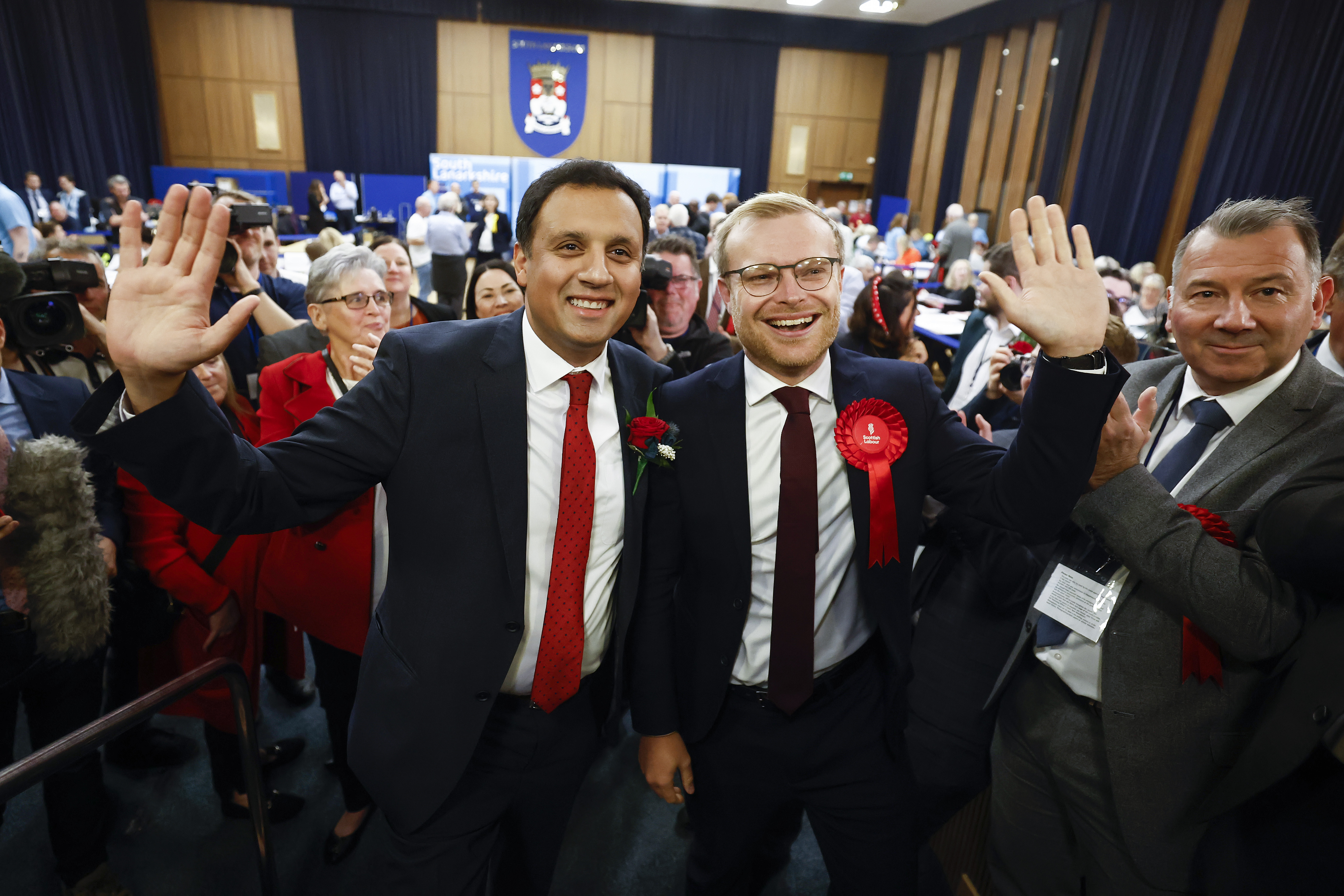 Scottish Labour candidate Michael Shanks, right, and Scottish Labour Leader Anas Sarwar arrive at the Rutherglen and Hamilton West by-election count in the South Lanarkshire Council Headquarters