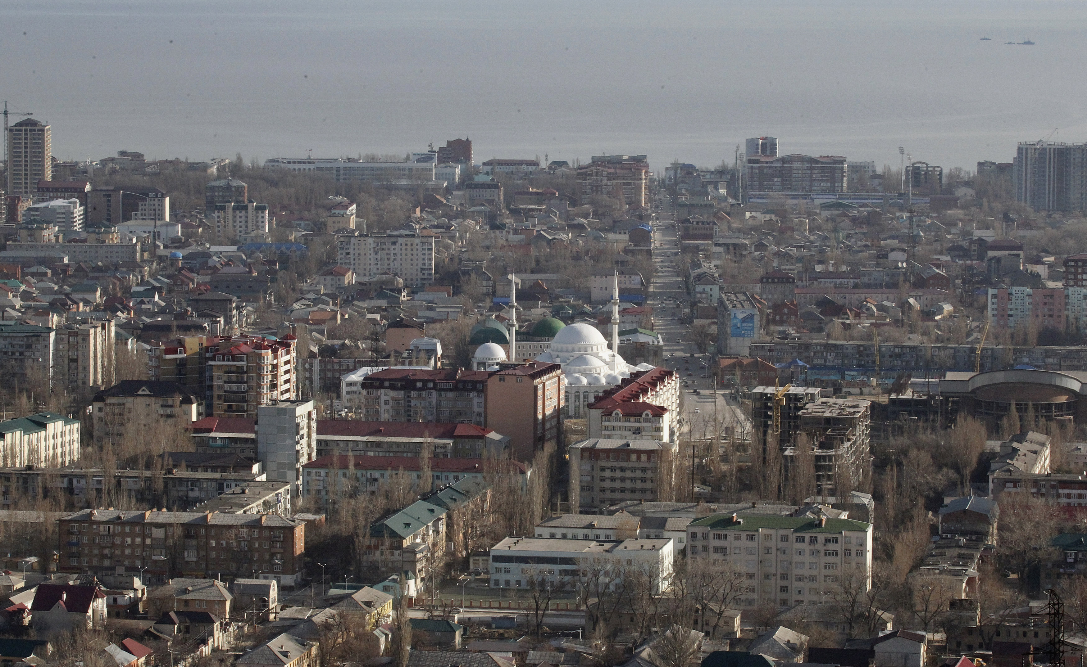 a city skyline with a grey sky