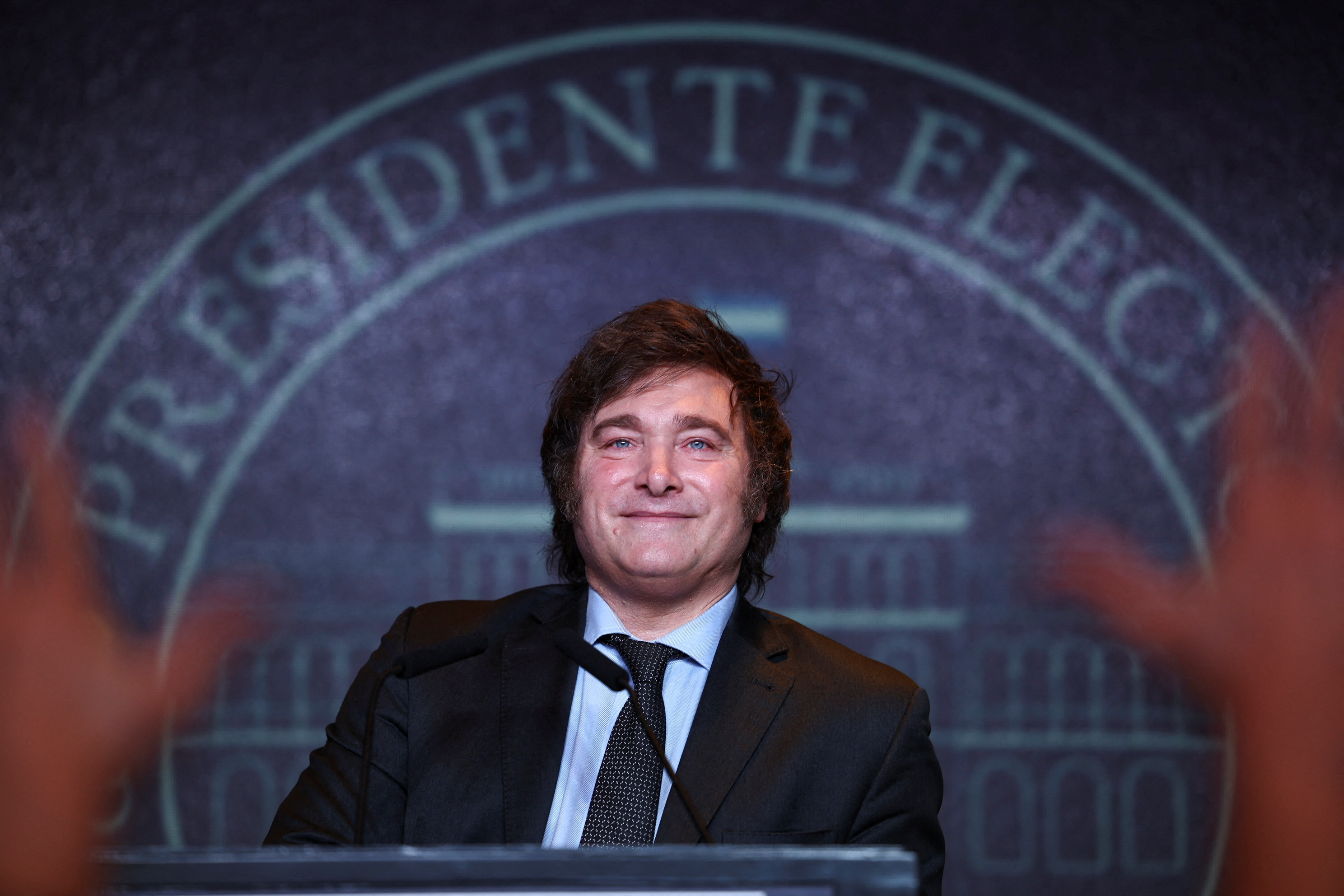 Argentine president-elect Javier Milei addresses supporters after winning Argentina's runoff presidential election,