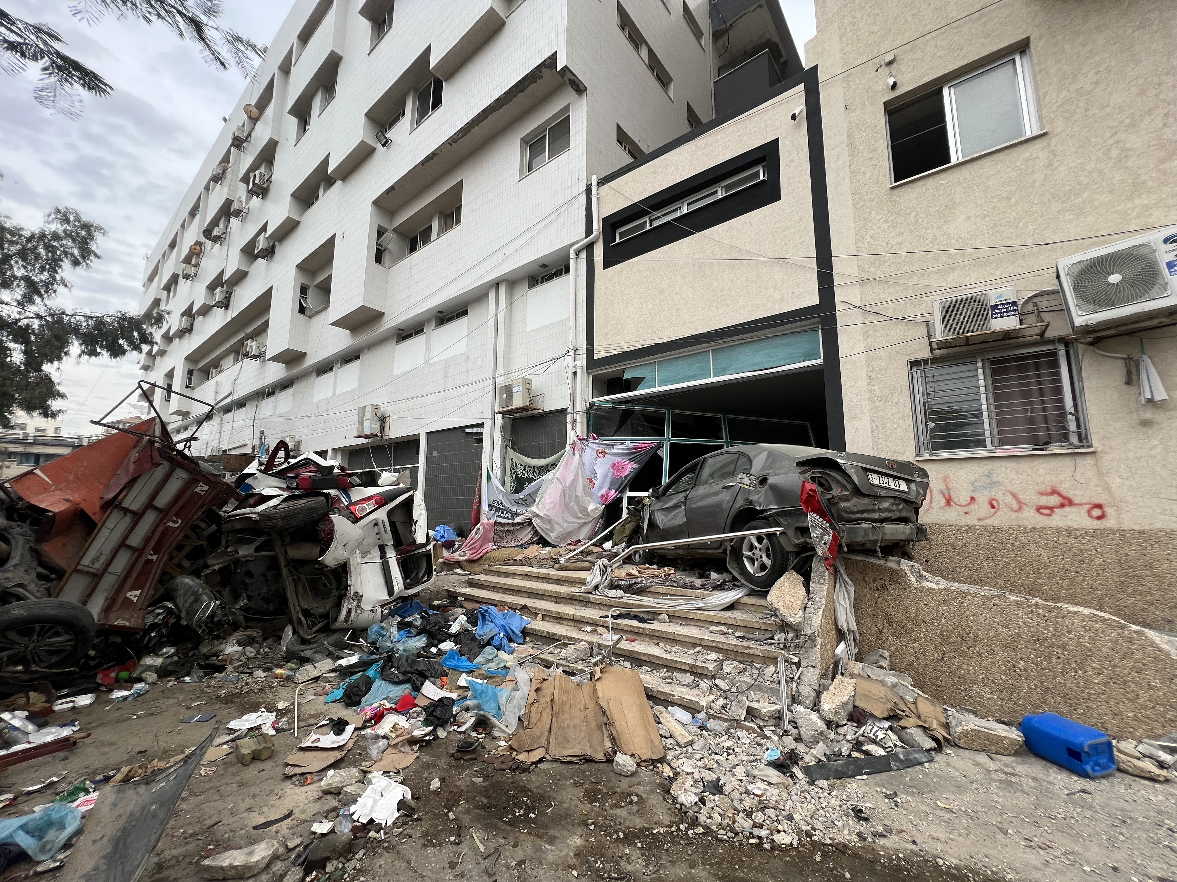 The Al-Shifa Hospital which houses thousands of injured and displaced Palestinians, is seen after the 4-day humanitarian pause begins for prisoner exchange between the Israeli army and Palestinian group Hamas in Gaza City, Gaza on November 25