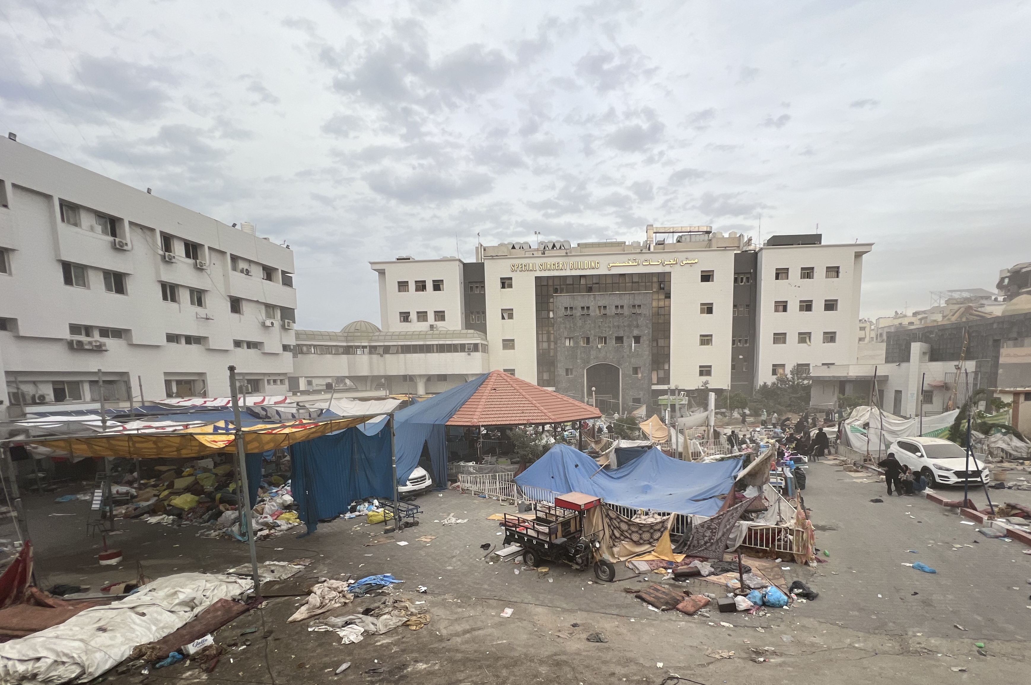 The Al-Shifa Hospital which houses thousands of injured and displaced Palestinians, is seen after the 4-day humanitarian pause begins for prisoner exchange between the Israeli army and Palestinian group Hamas in Gaza City, Gaza on November 25