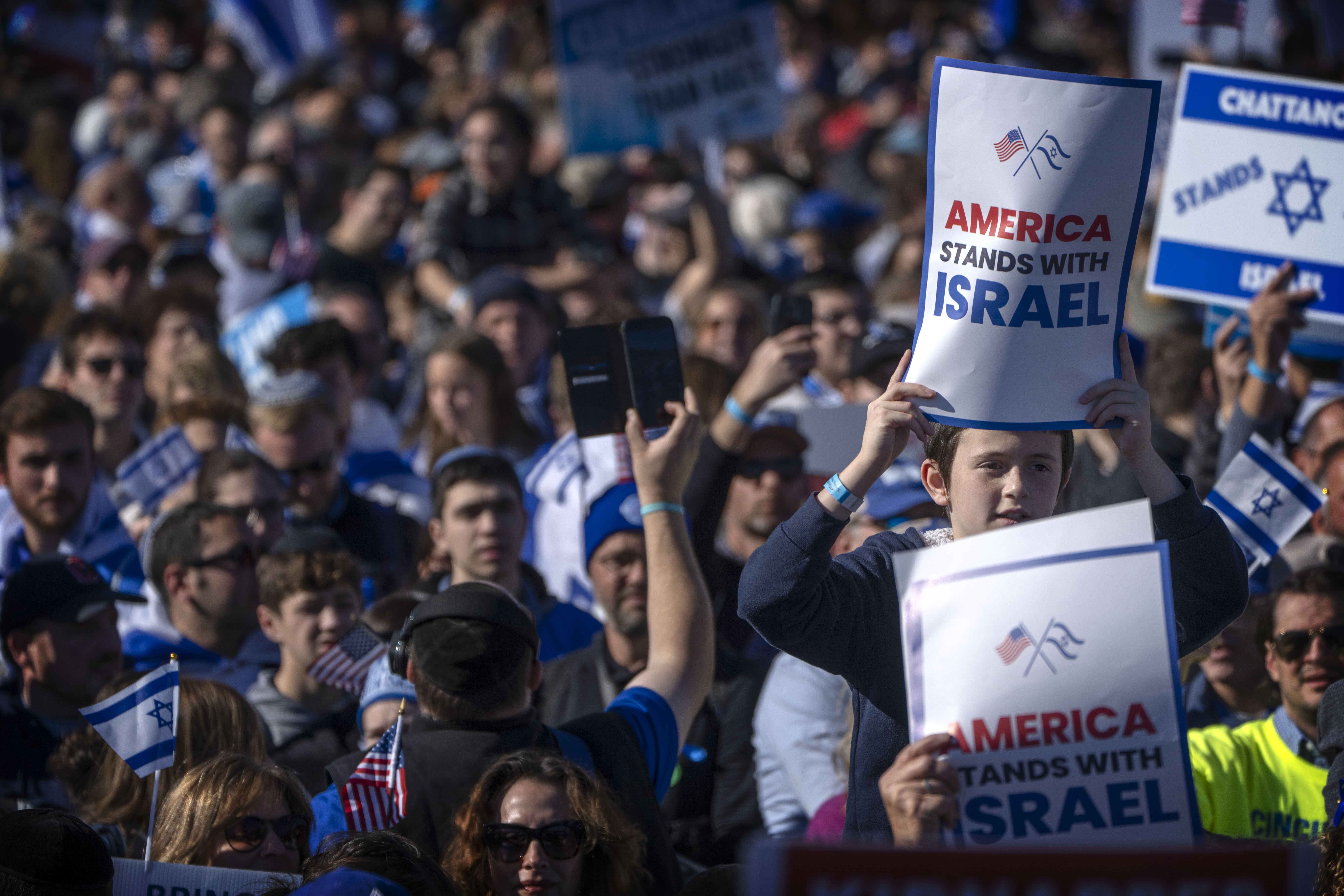 Participants hold signs reading "America Stands with Israel" as they stand on the National Mall at the March for Israel.