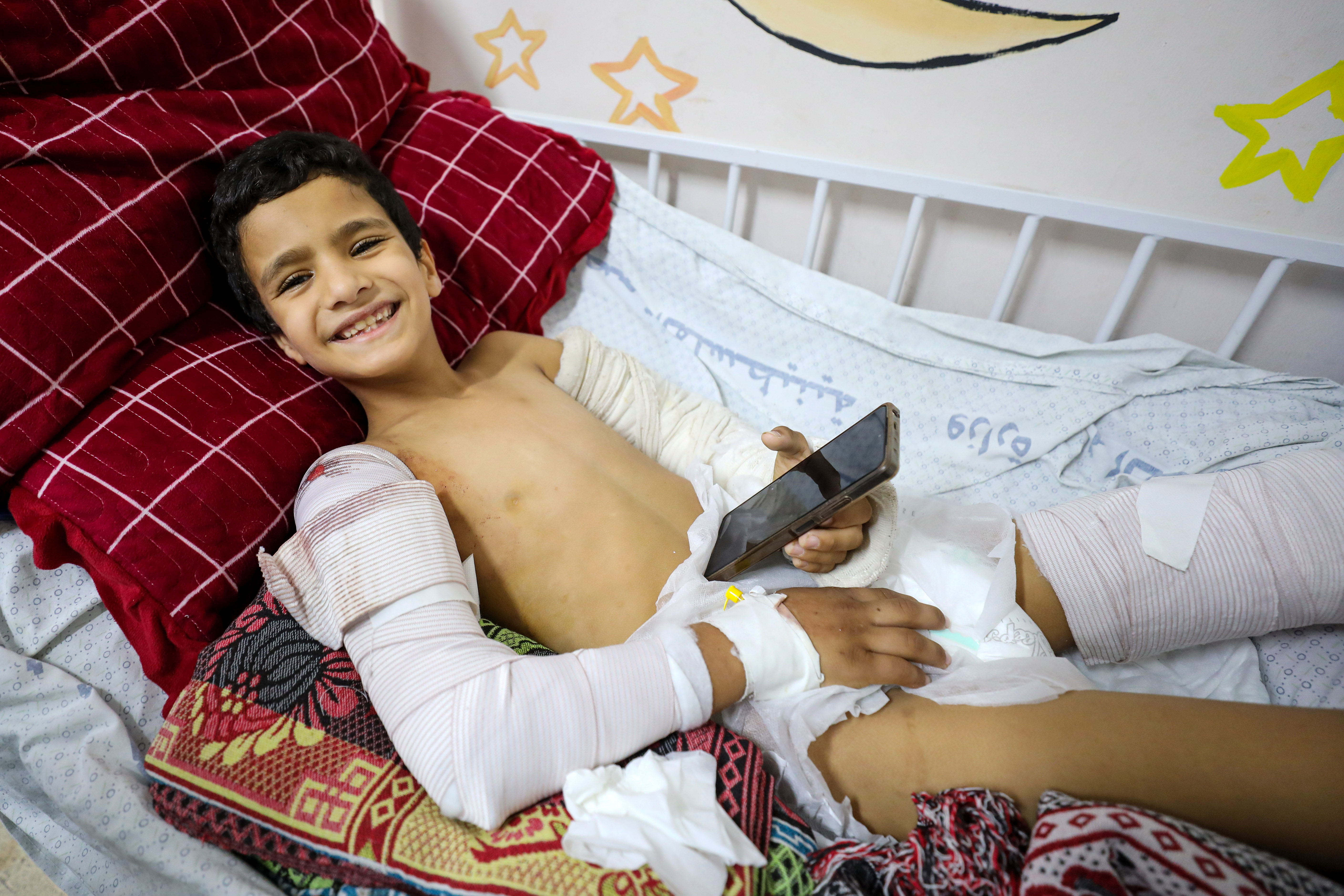 Abdullah Jabr, eight, and his family were all injured when their house collapsed on top of them when an Israeli missile struck their neighbour’s home