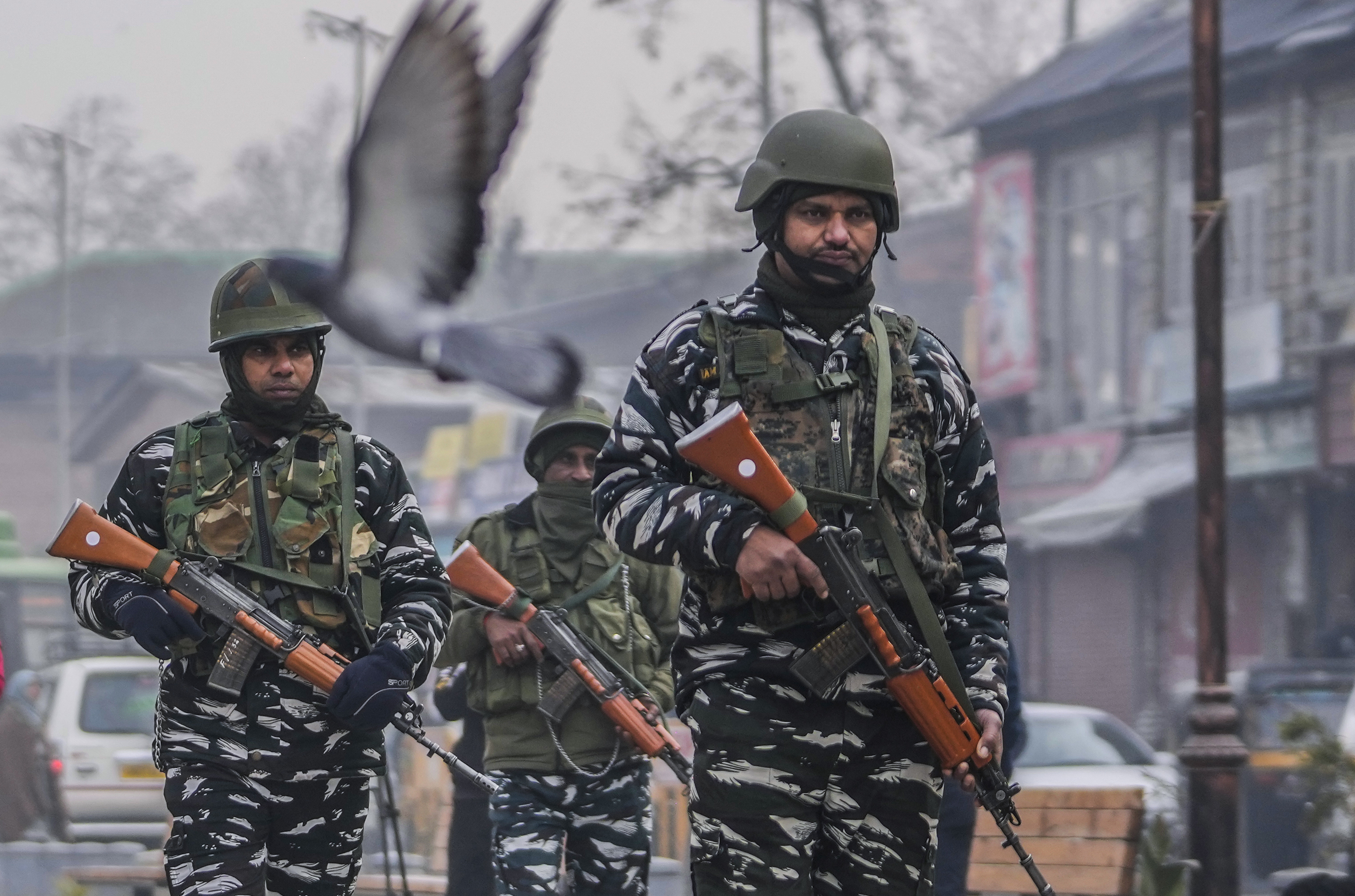 Indian paramilitary soldiers patrol at the main market in Srinagar, Indian controlled Kashmir