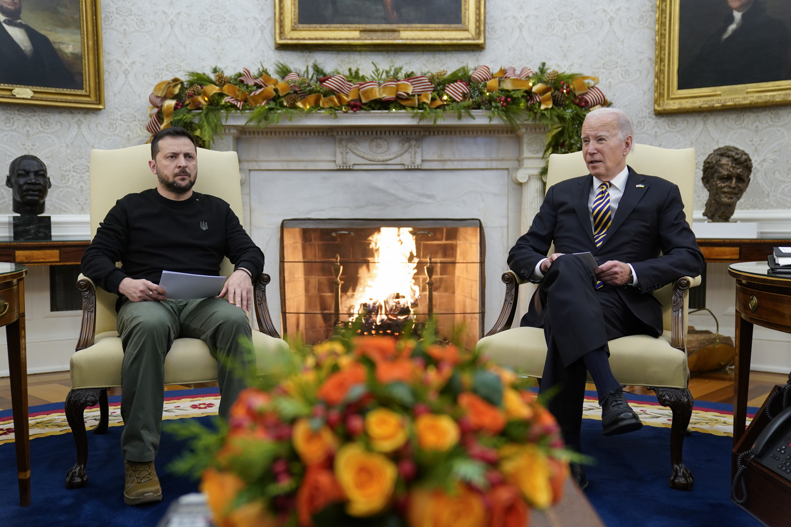 President Joe Biden meets with Ukrainian President Volodymyr Zelenskyy in the Oval Office of the White House, Tuesday, Dec. 12, 2023, in Washington. (AP Photo/Evan Vucci)