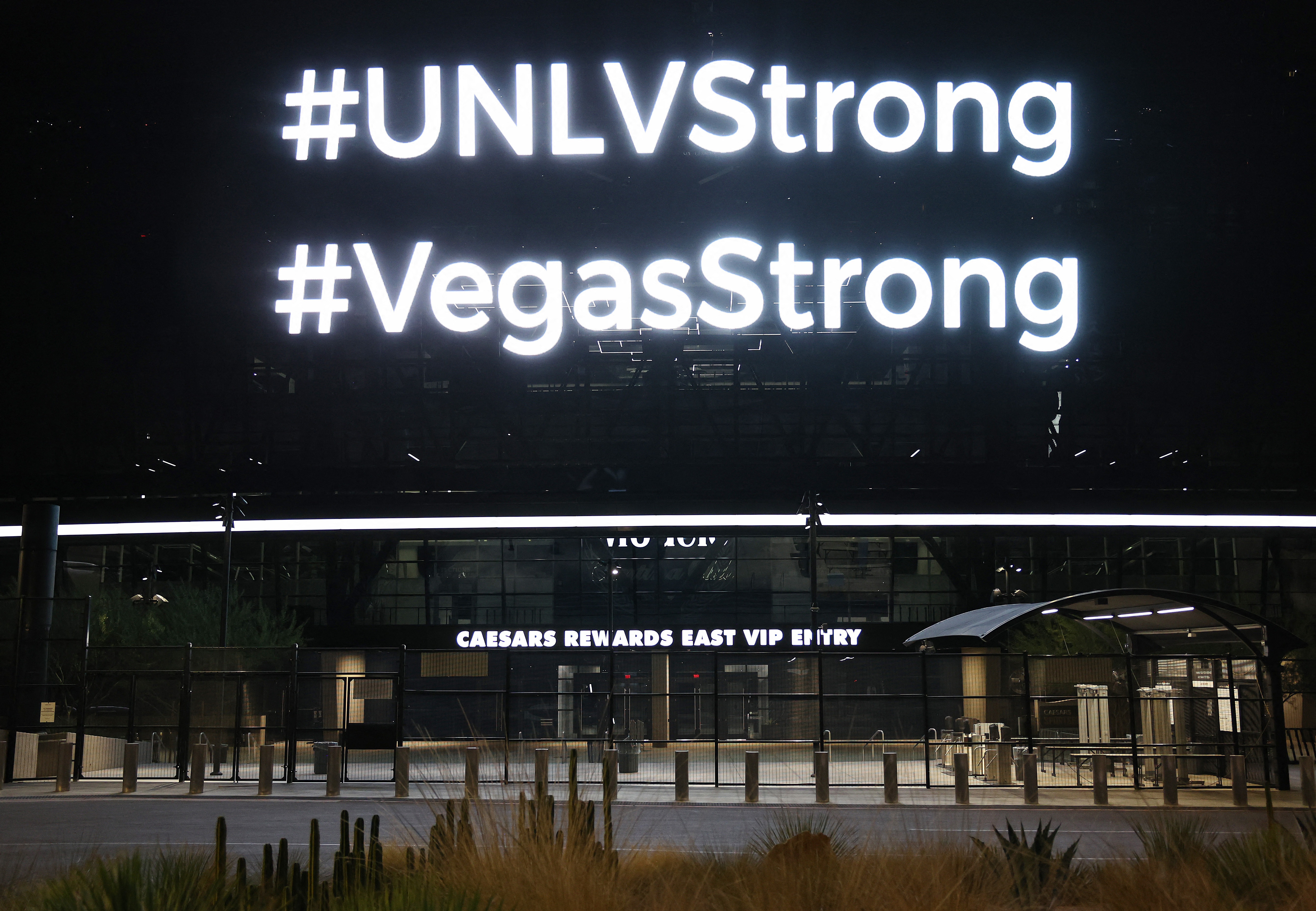 message reading "#UNLVStrong #VegasStrong" is displayed at Allegiant Stadium on December 06, 2023 in Las Vegas, Nevada.