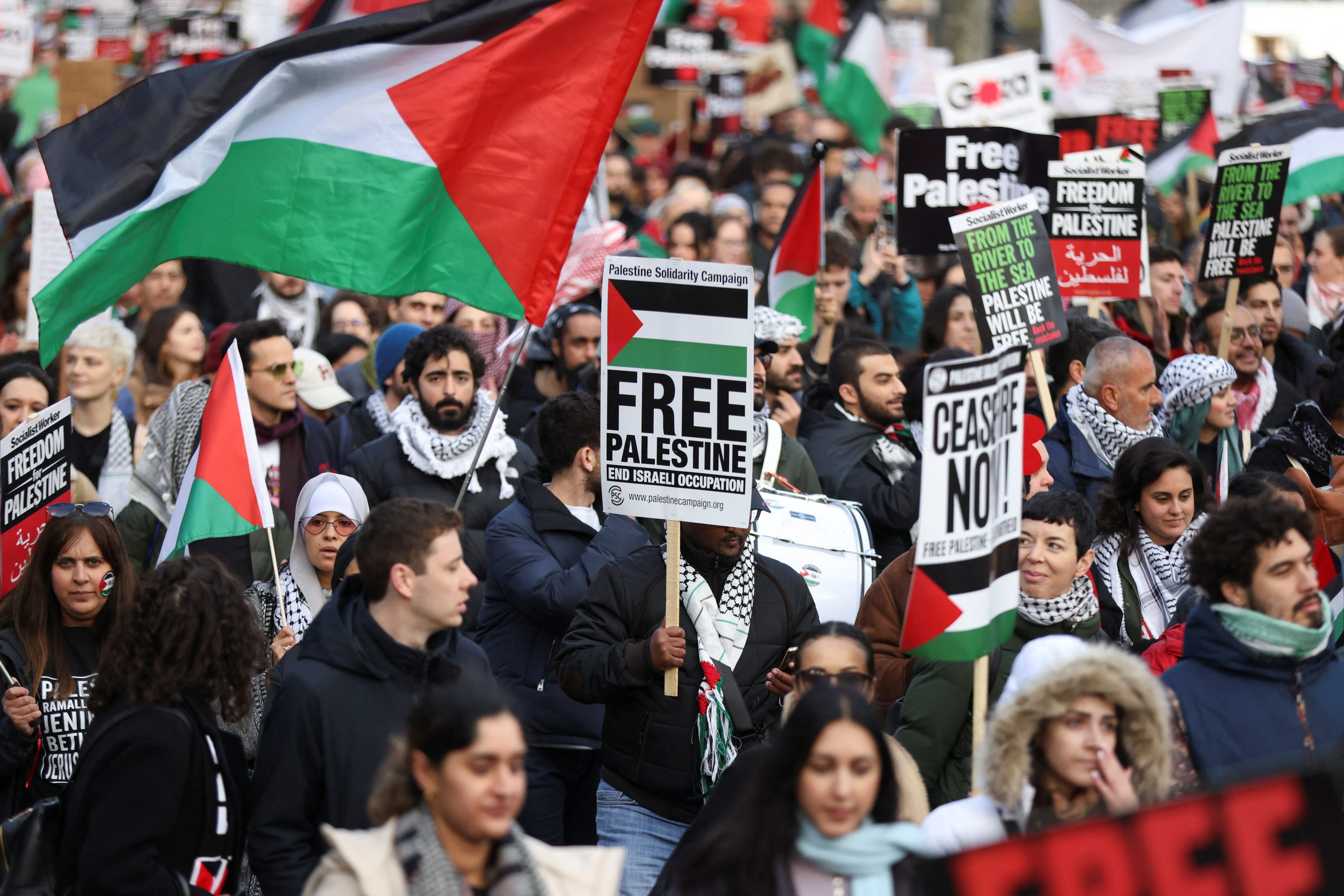 The protest comes as the United Kingdom on Friday abstained on a UN Security Council (UNSC) resolution calling for an immediate ceasefire in Gaza