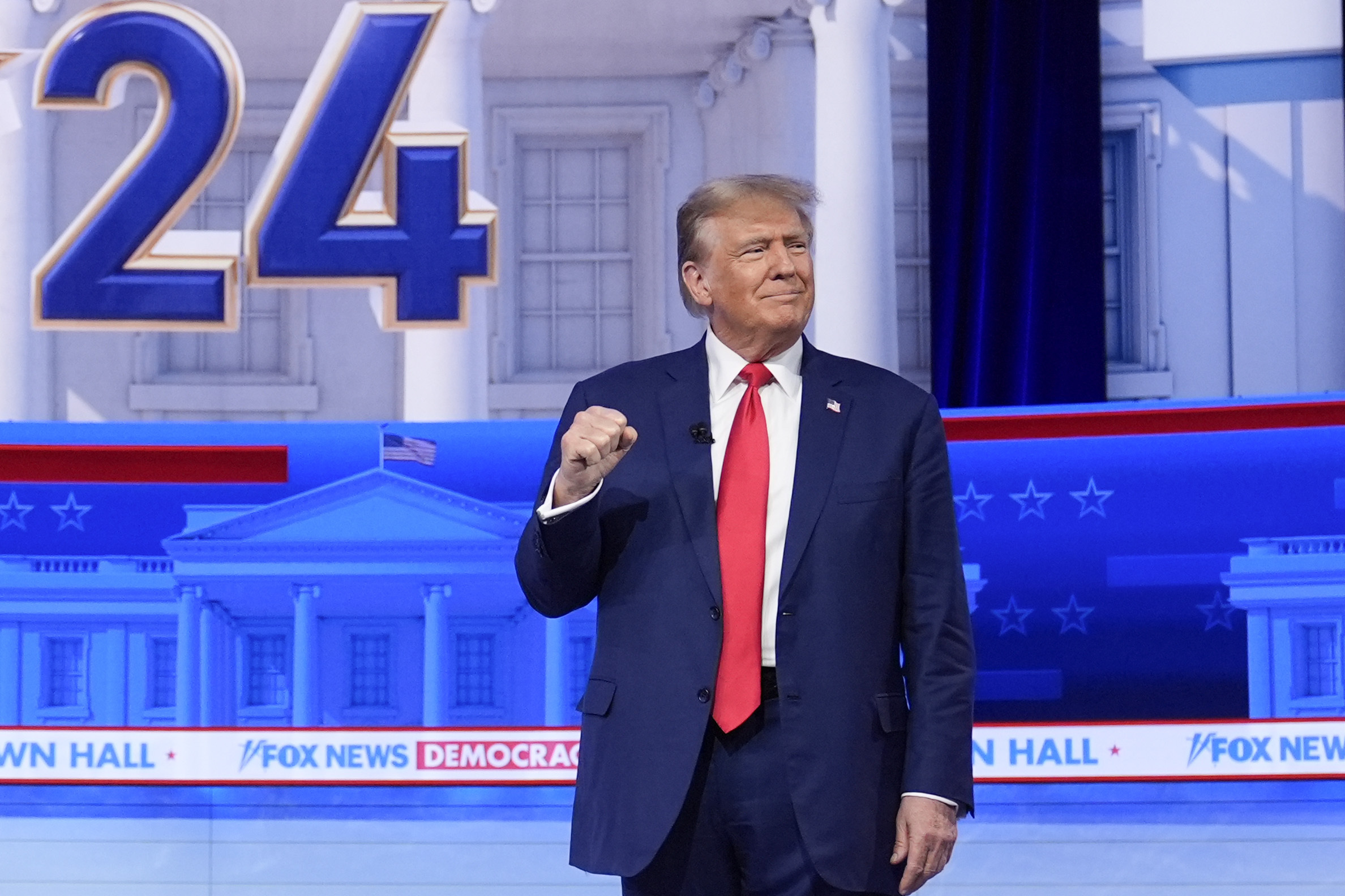 Former President Donald Trump arrives for a Fox News Channel town hall in Des Moines, Iowa, the US