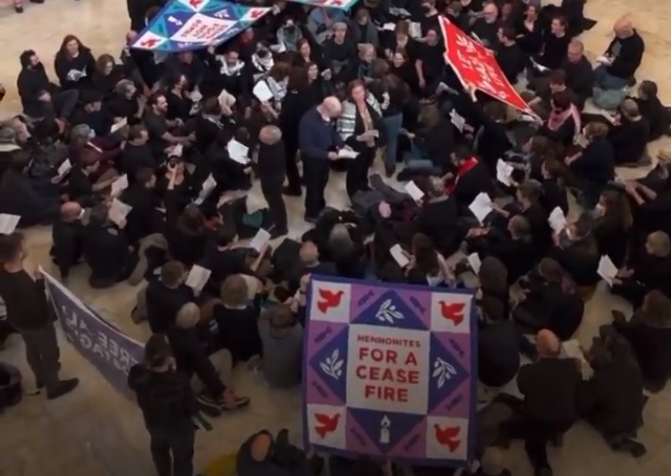 Activists from the Christian group Mennonite Action protest inside US Congress singing for a Gaza ceasefire