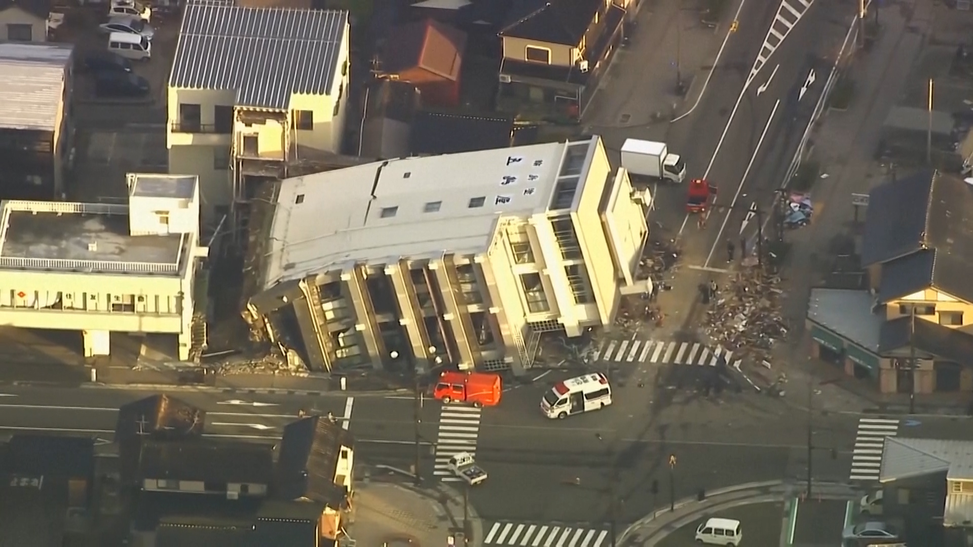 A building toppled over from Japan's New Year's Day earthquake