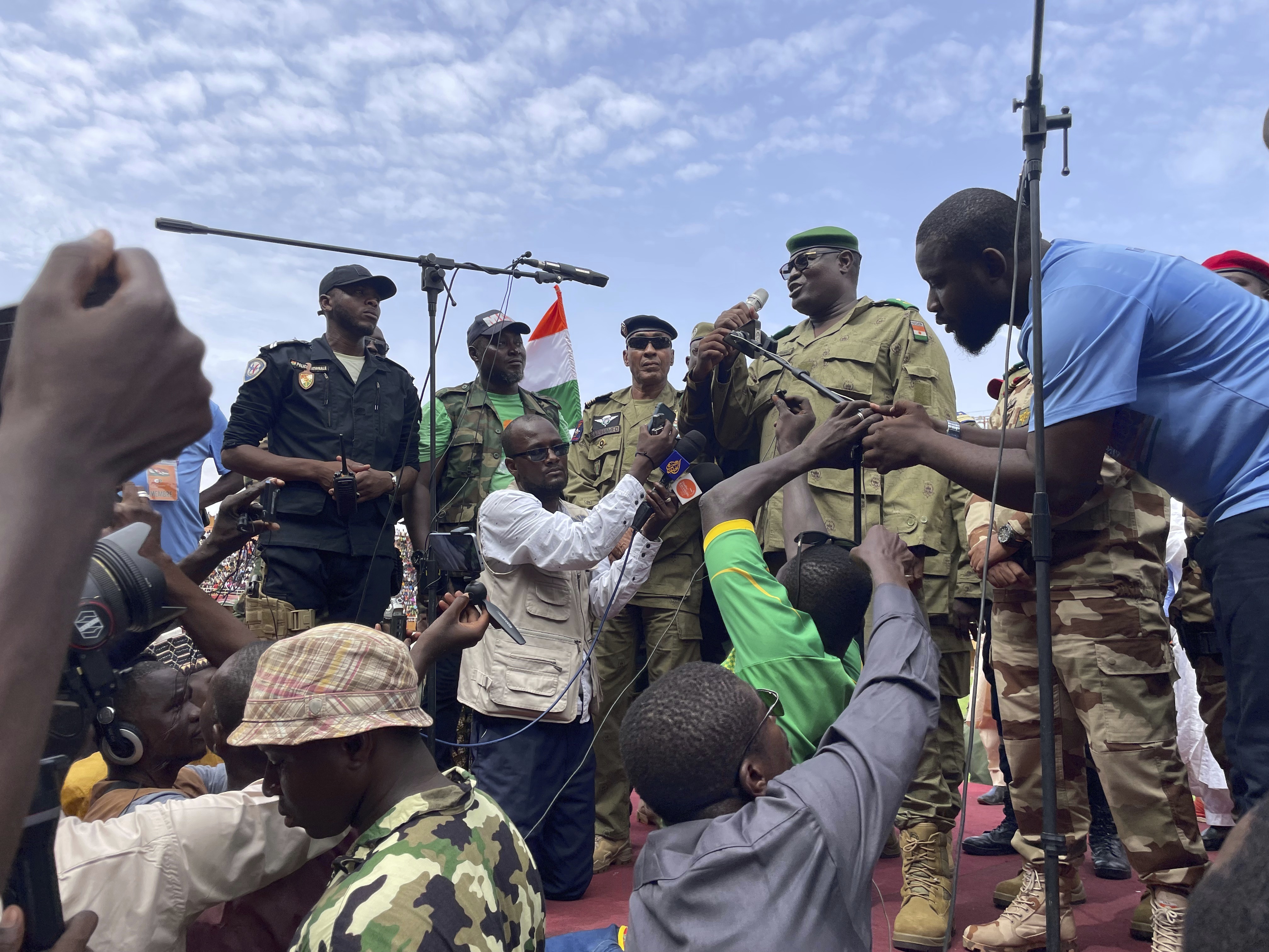 Mohamed Toumba, one of the soldiers who ousted Nigerien President Mohamed Bazoum, addresses supporters of Niger’s military government in Niamey in August 2023