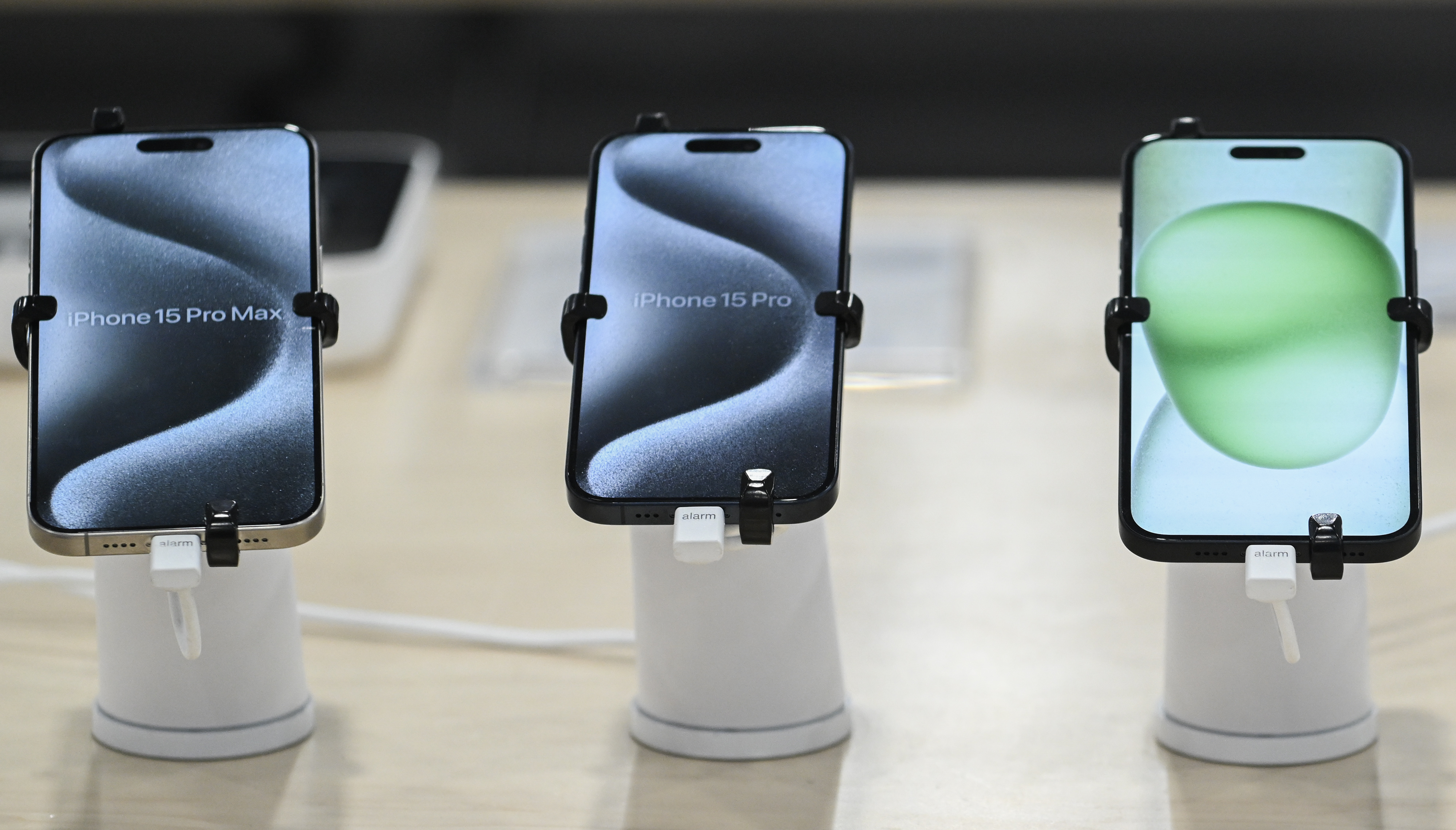 Apple iPhone 15 Pro smartphones at a Best Buy store in Montreal, Quebec