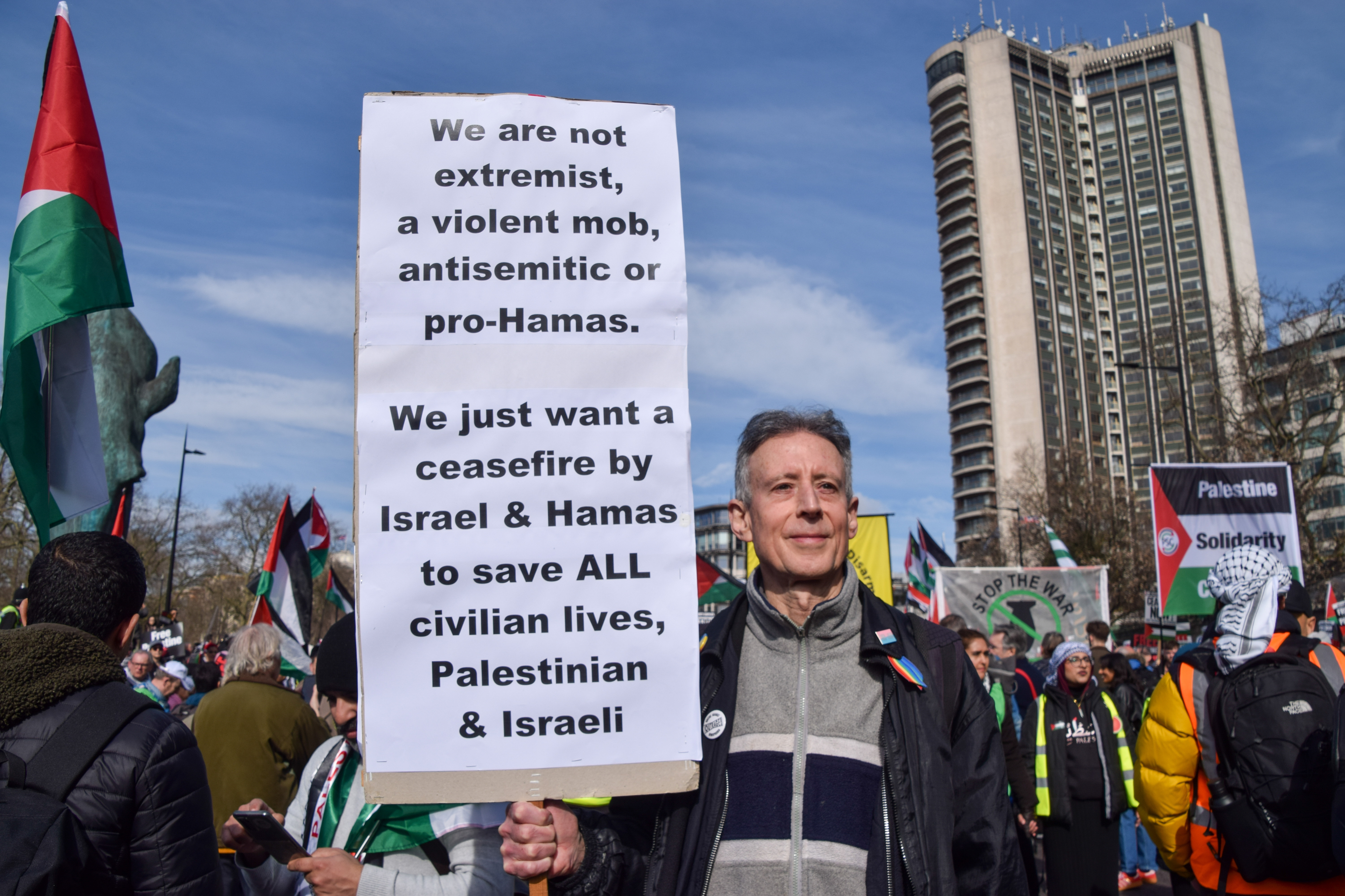 Activist Peter Tatchell calls for a ceasefire during a demonstration in London on March 9, 2024. Protests against Israel’s war on Gaza have been criticised by some politicians and linked to a spike in anti-Semitism