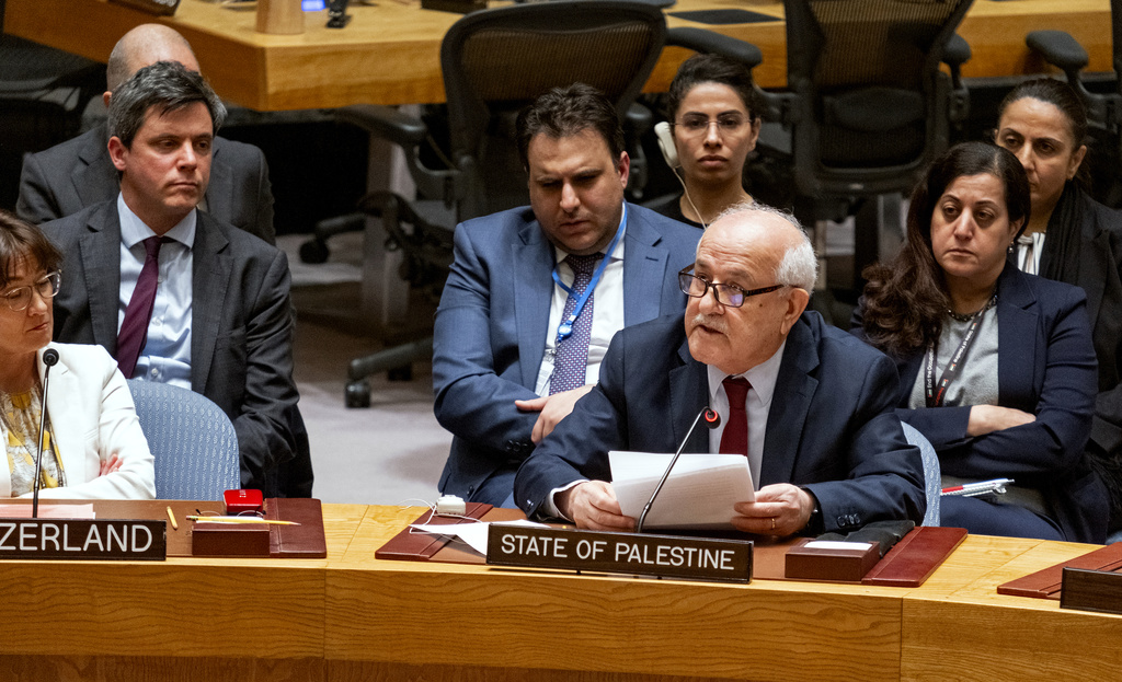 Palestinian Ambassador to the United Nations Riyad Mansour addresses United Nations Security Council