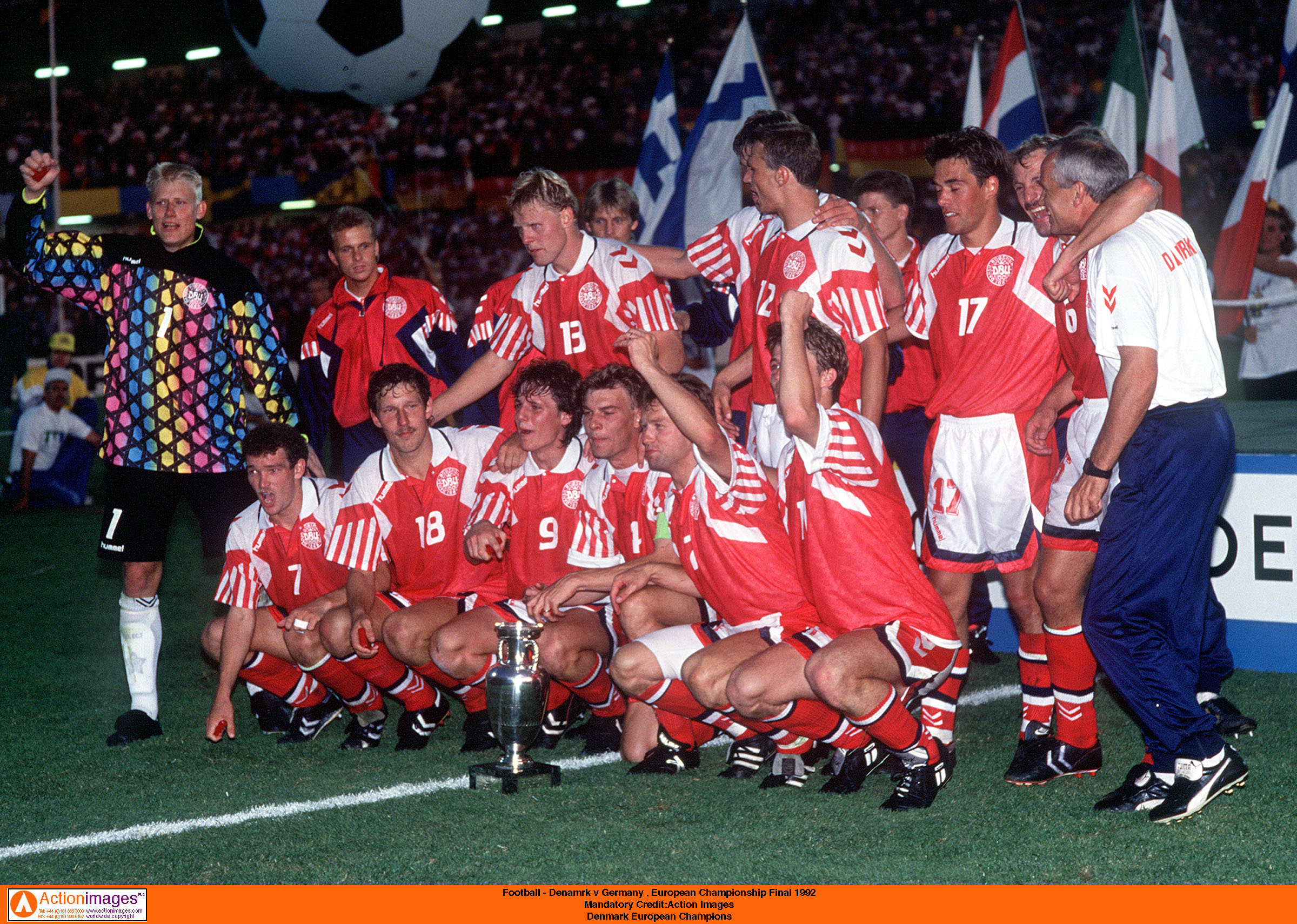 One of the biggest upsets in Euro history. Denmark celebrates their 2-0 Euro 1992 final victory over Germany in Gothenburg, Sweden