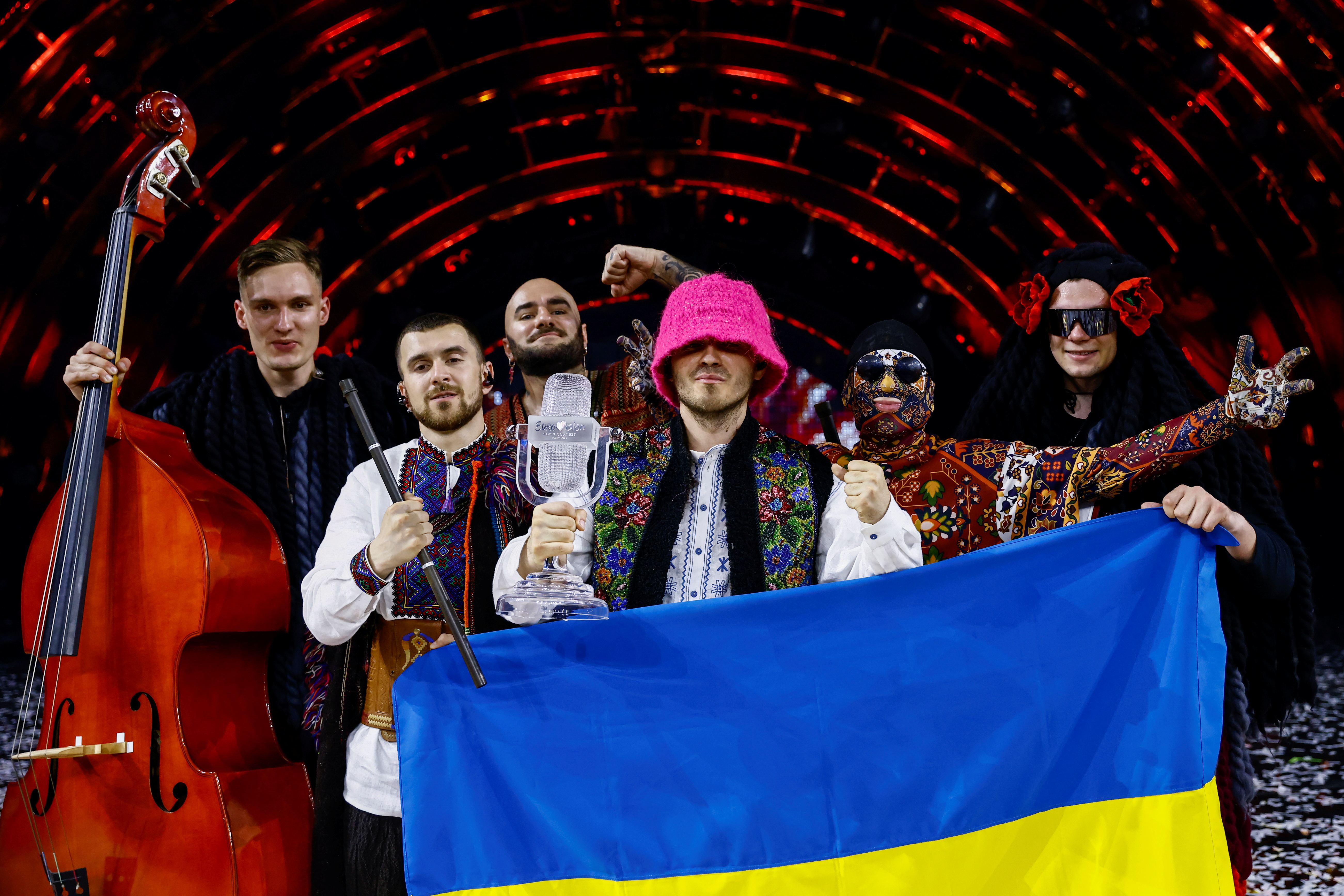 The Kalush Orchestra from Ukraine pose after winning the 2022 Eurovision Song Contest in Turin, Italy, May 15, 2022