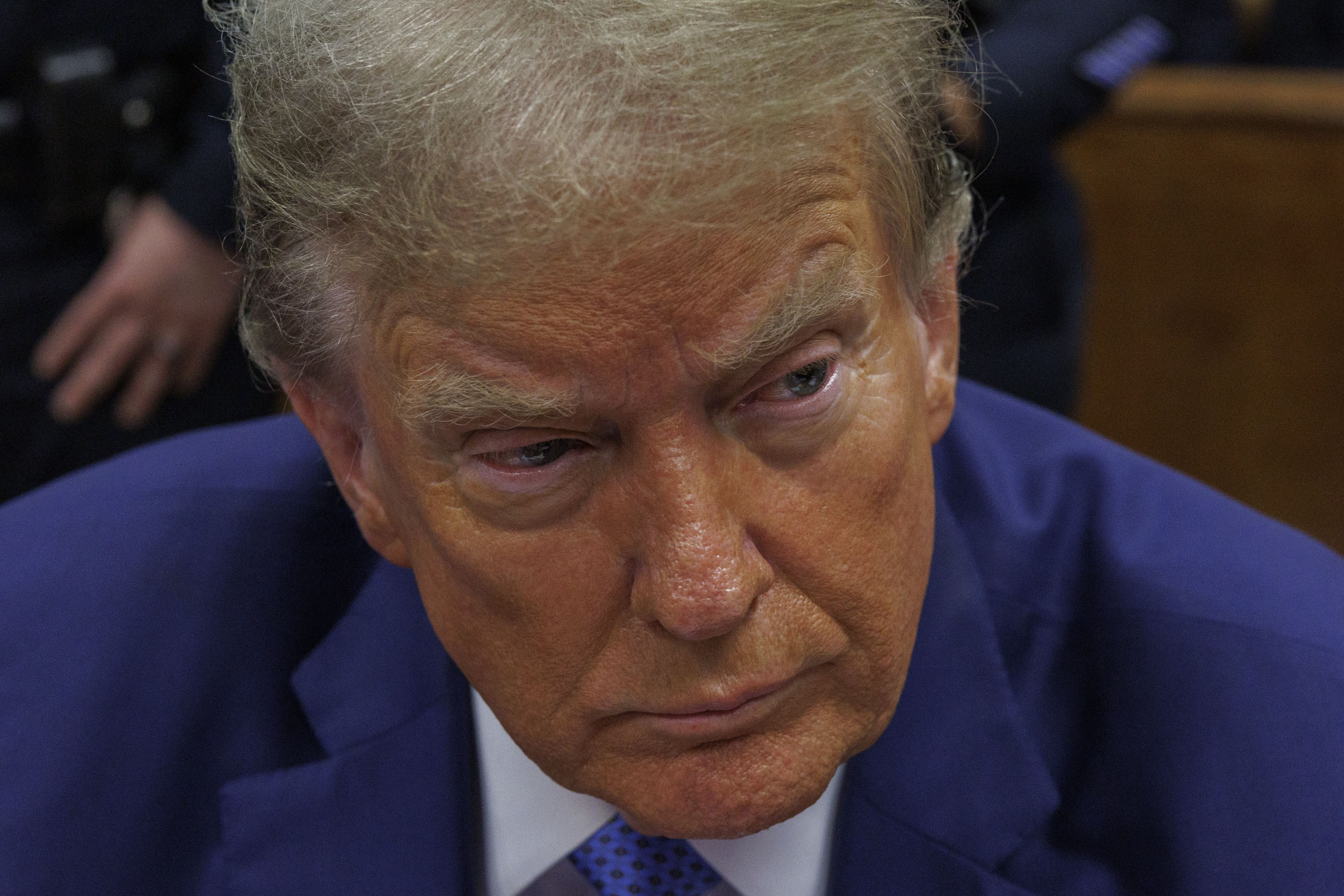 A close-up of Donald Trump in court on May 20.