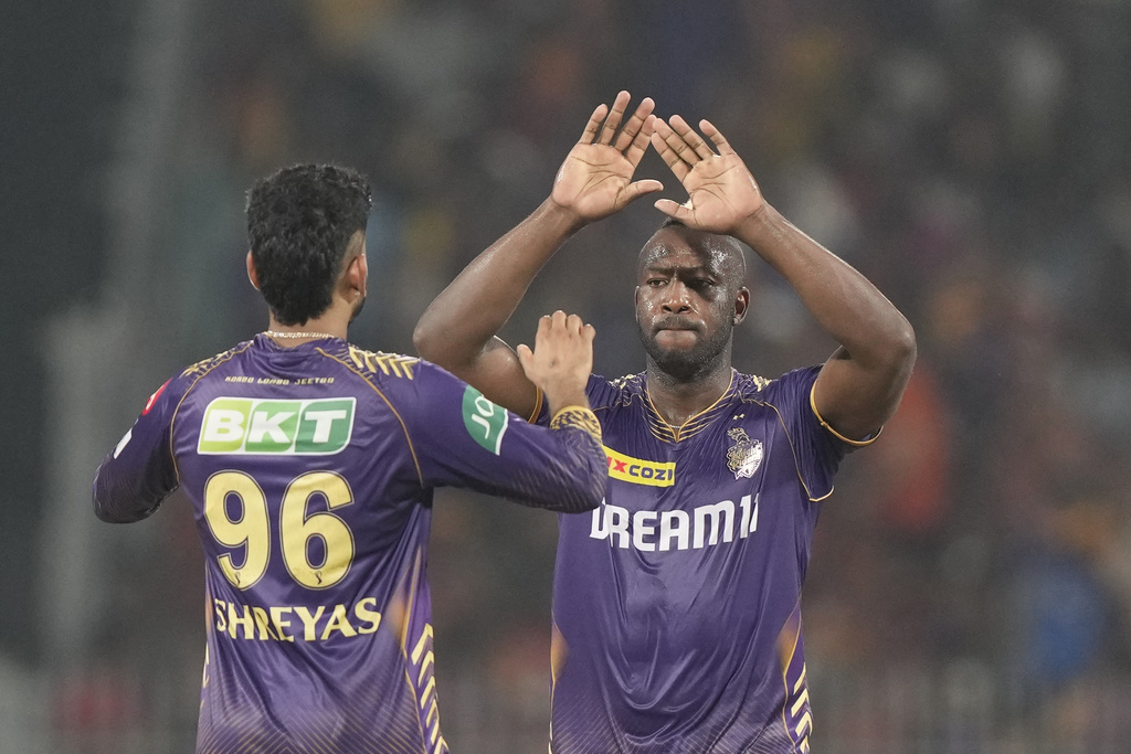 India's Shreyas Iyer and West Indies' Andre Russell playing in the Indian Premier League