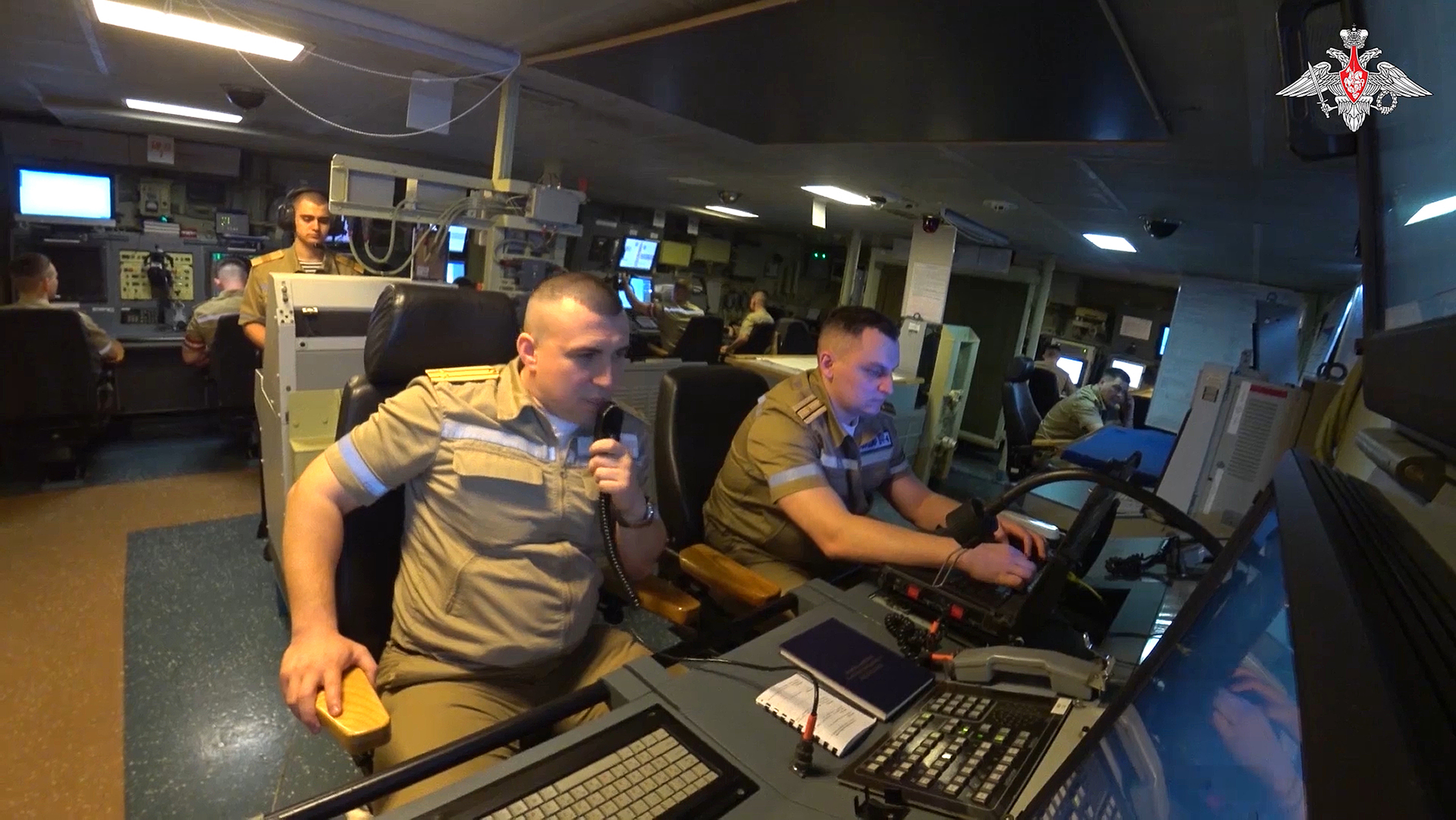 Navy personnel take part in drills on board of the Russian Admiral Gorshkov frigate en route to Cuba.