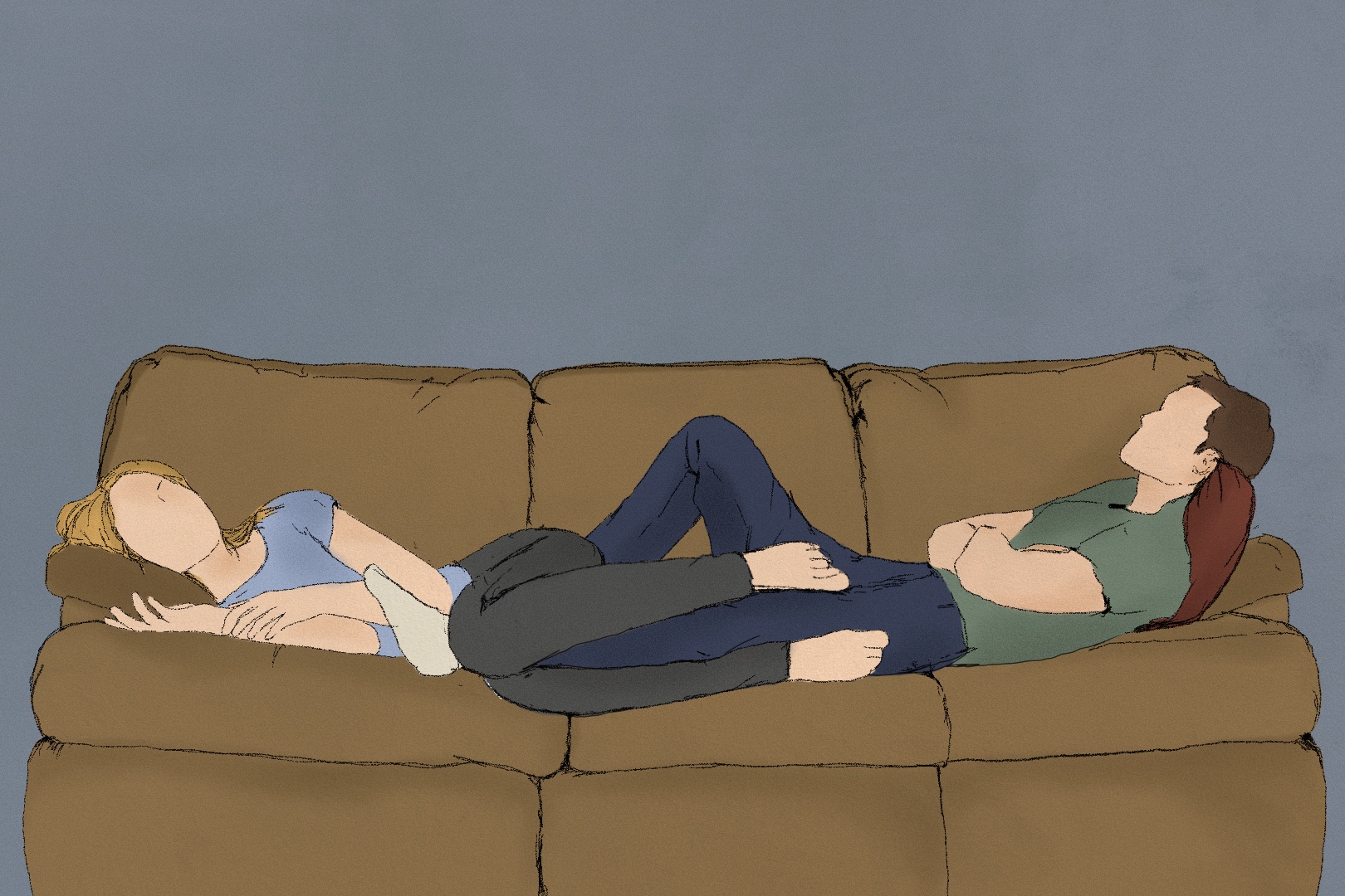 An illustration depicts a man and a woman lying at opposite ends of a light brown sofa with their legs intertwined