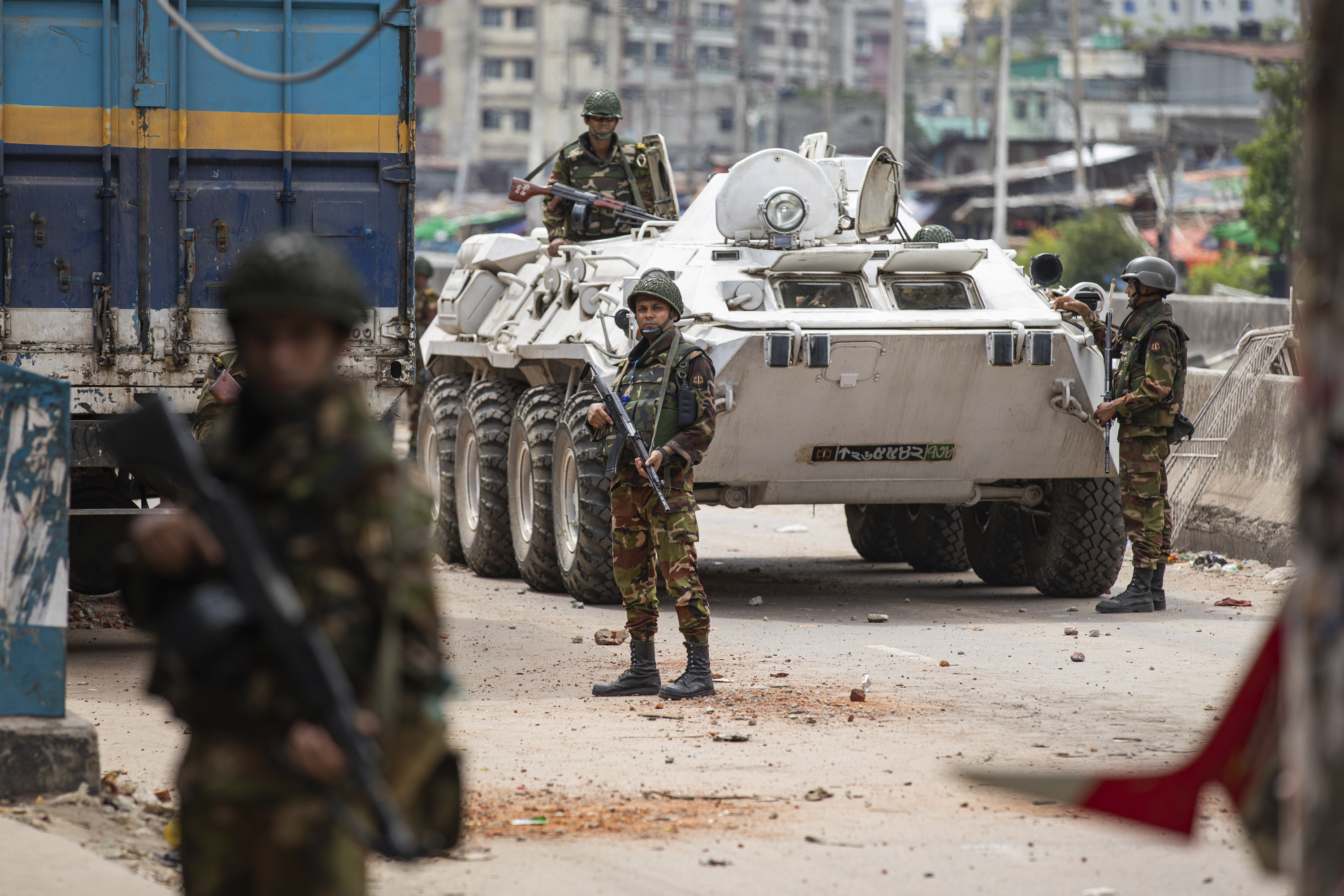 Bangladeshi military forces patrol on the streets of Dhaka