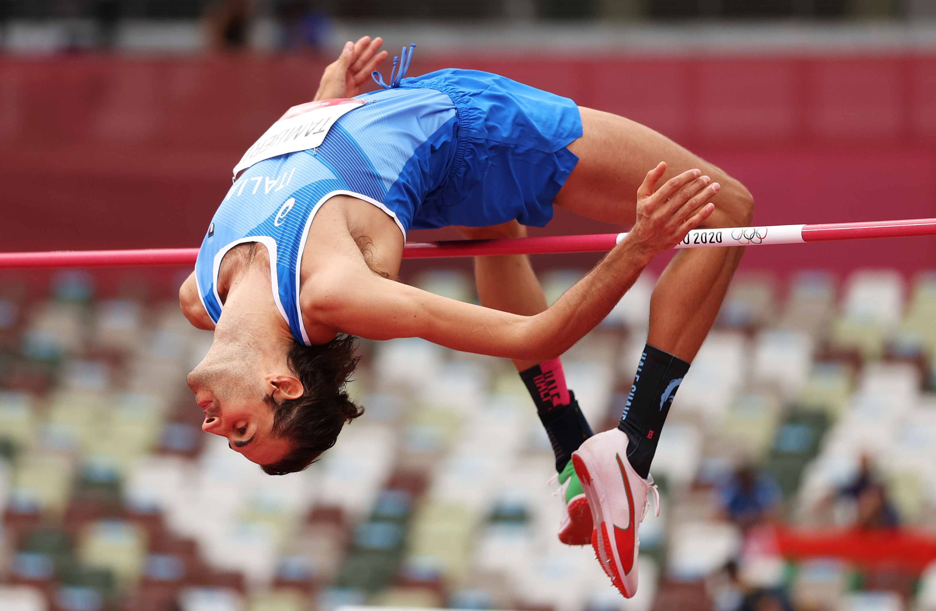 Gianmarco Tamberi of Team Italy competes in the high jump at the Tokyo Olympics 2020