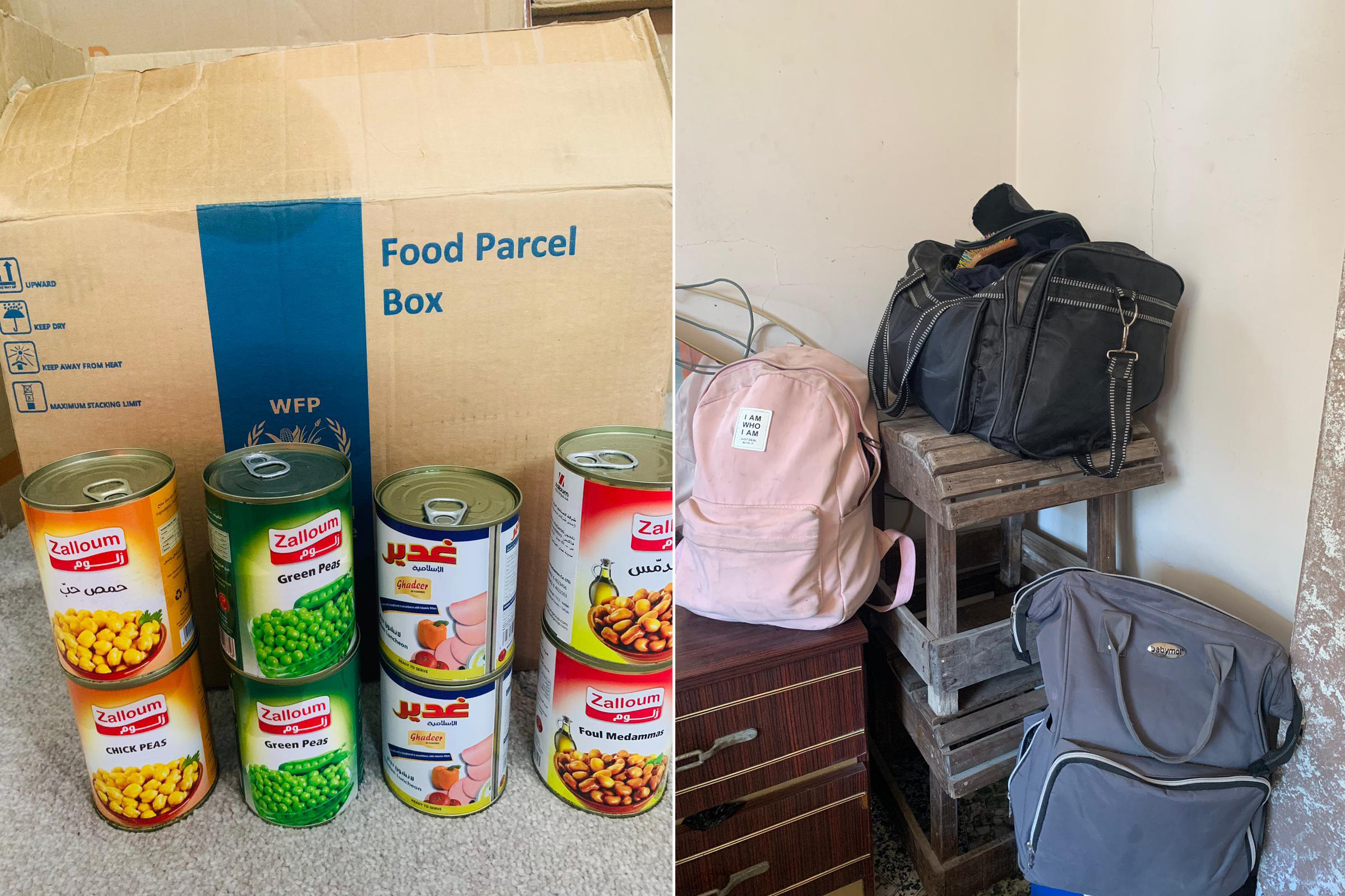 The food that Noor and her family have relied on for months and their emergency bags [Courtesy of Noor Alyacoubi]