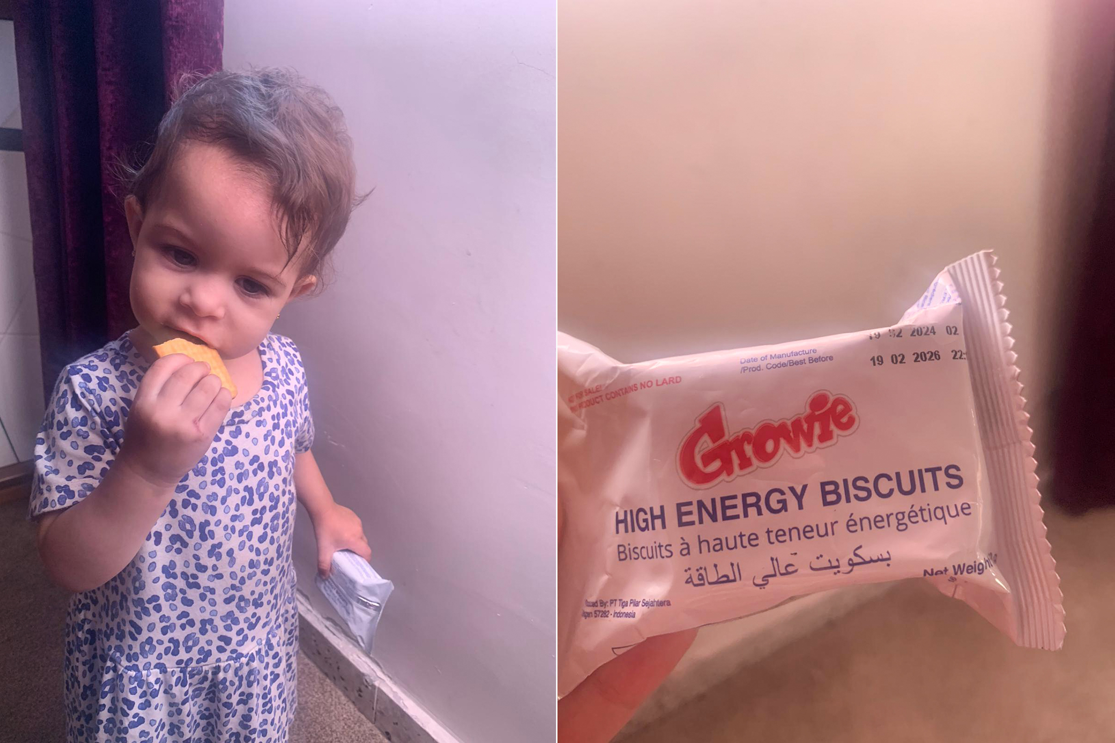 Lya’s only snack is energy biscuits, which are sold in small grocery stores and are expensive at $1 for a pack of four. Lya often needs more than one a day [Courtesy of Noor Alyacoubi]