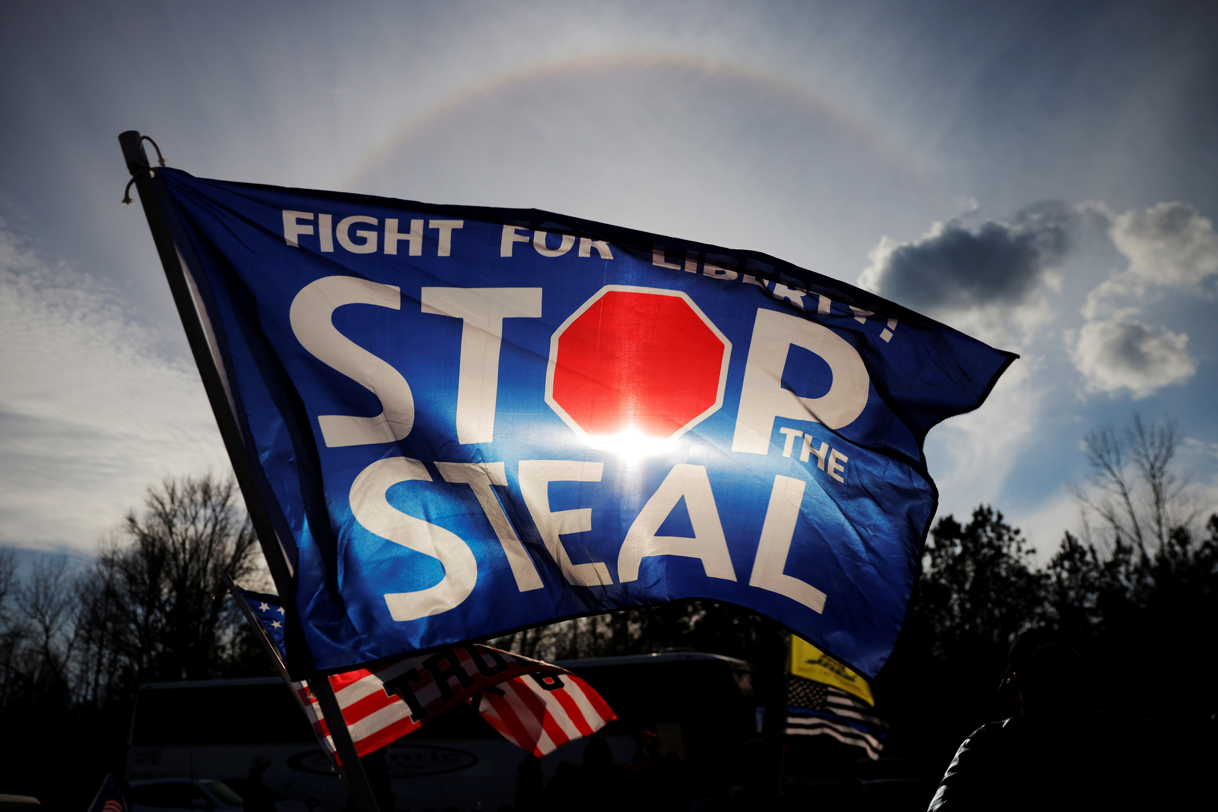 A 'Stop the Steal' flag outside a Trump rally