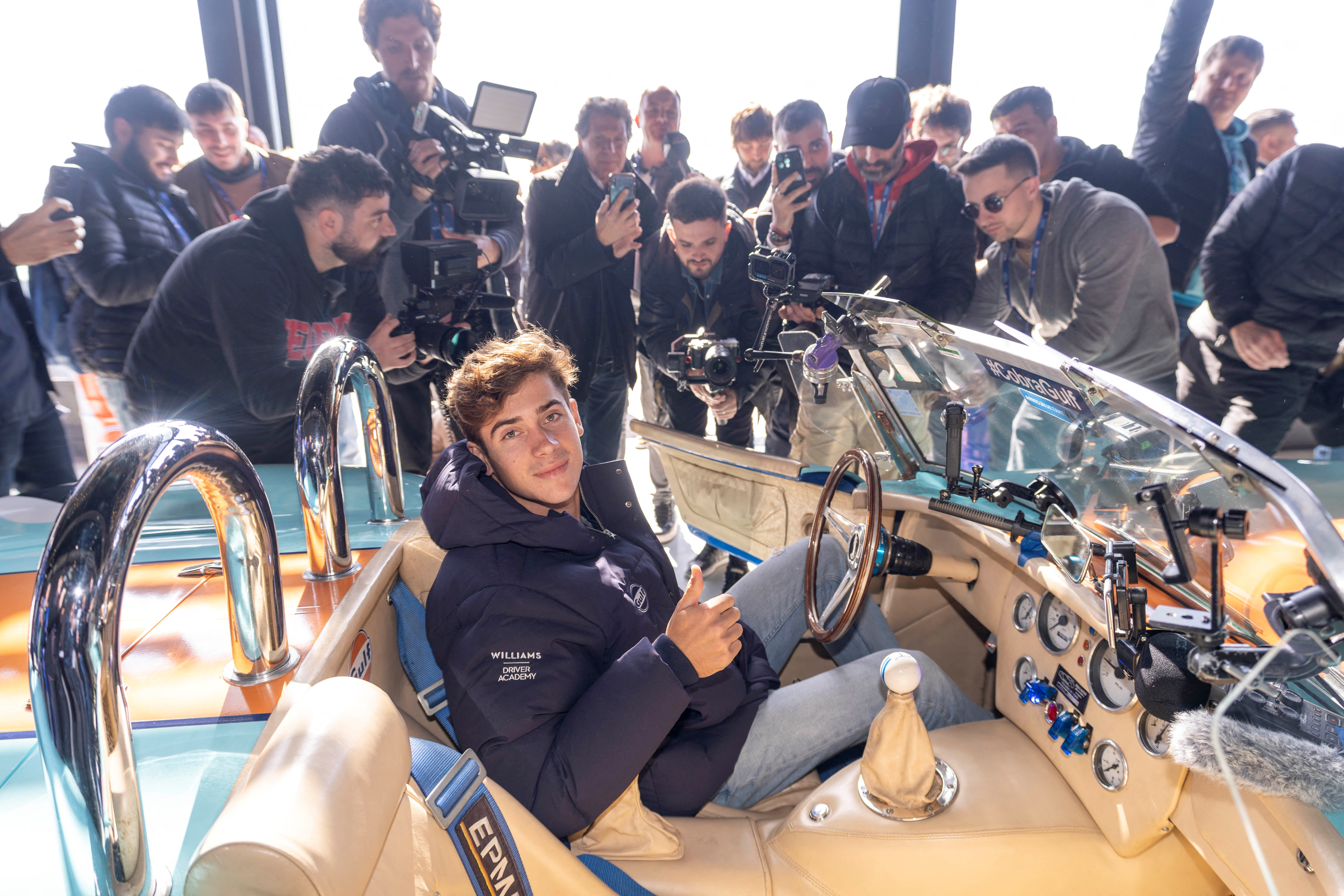 Argentinian driver Franco Colapinto poses for a photograph during an event with his sponsor Gulf, in Buenos Aires, Argentina, August 12, 2024