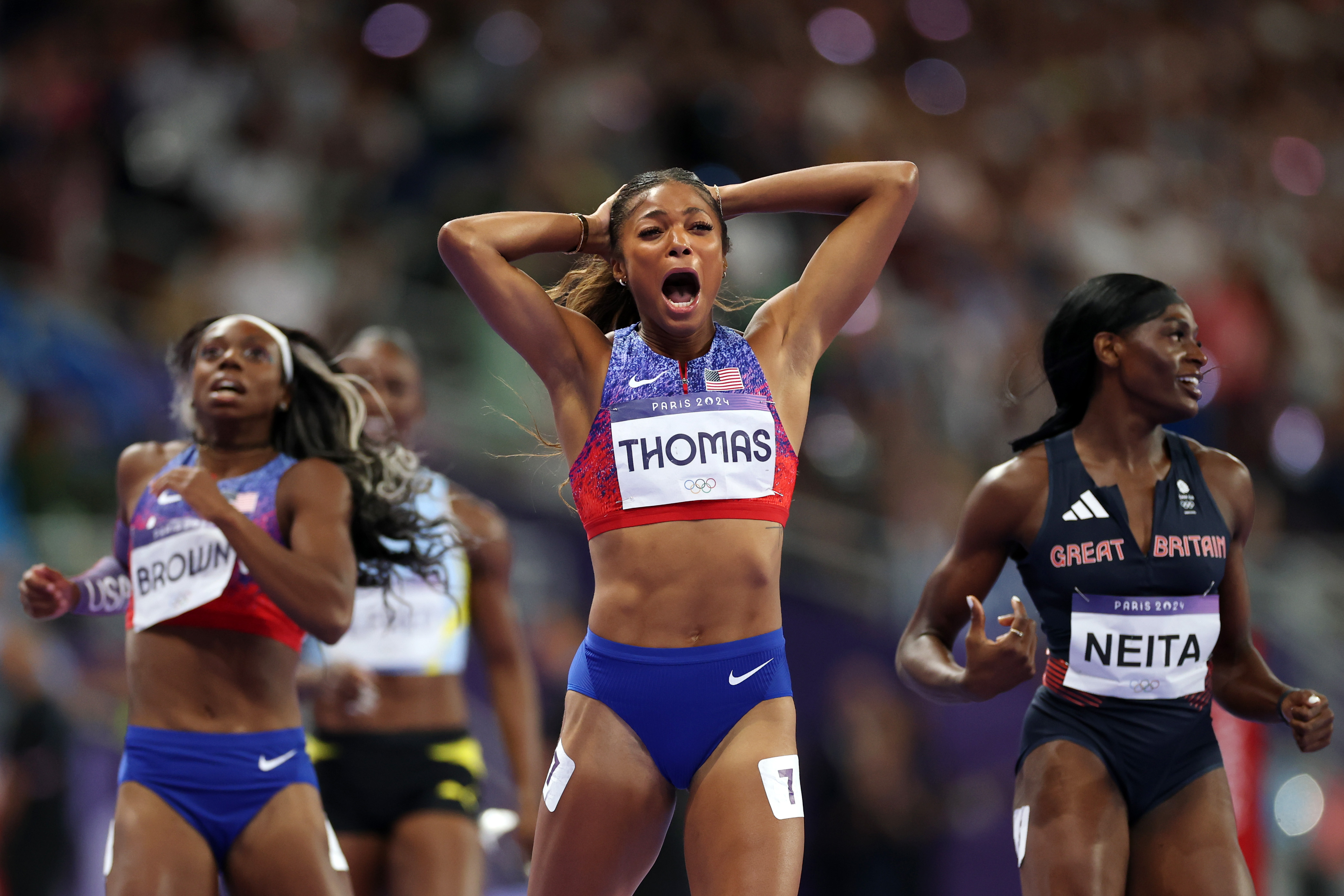Gold medallist Gabrielle Thomas celebrates after winning the 200m final on day 11 of the Olympic Games Paris 2024 at Stade de France on August 6, 2024