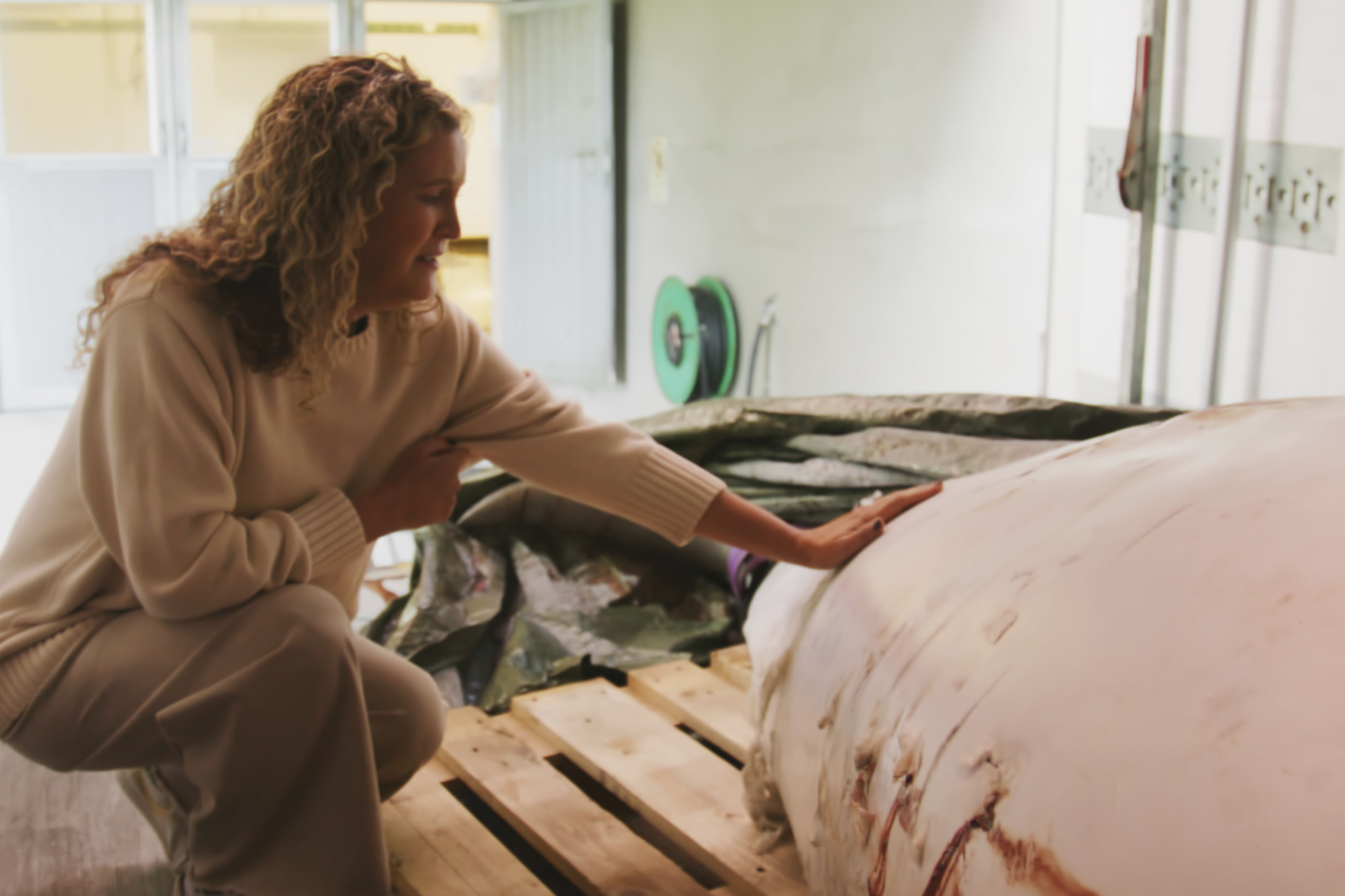 This photo provided by OneWhale on Wednesday shows the organisation’s founder and head Regina Haug next to the carcass of the beluga whale Hvaldimir [AP]