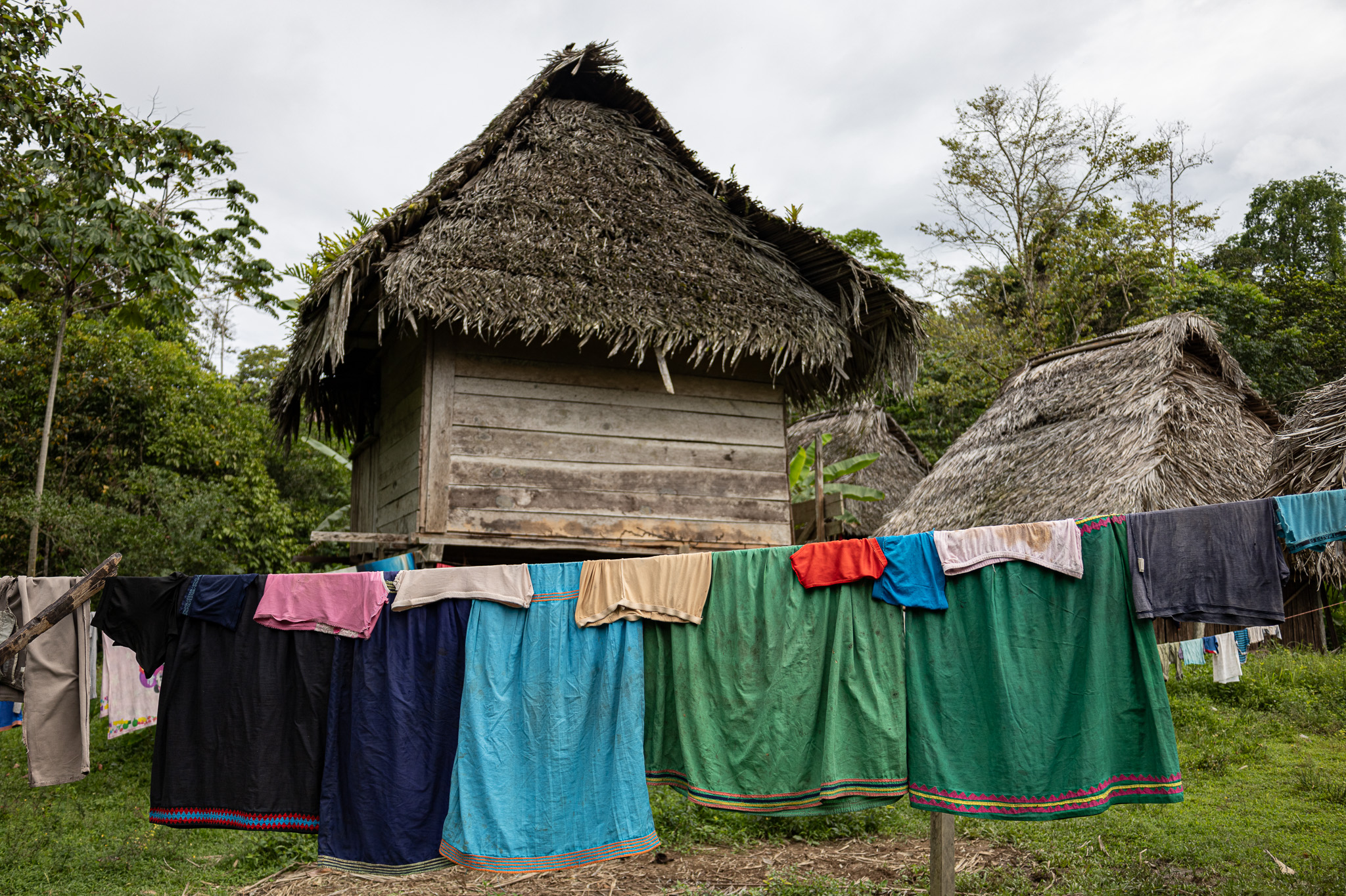 A clothing line in the Ngabe-Bugle village of Wari, Panama. Women in the group traditionally wear long, colourful, embroidered dresses known as naguas