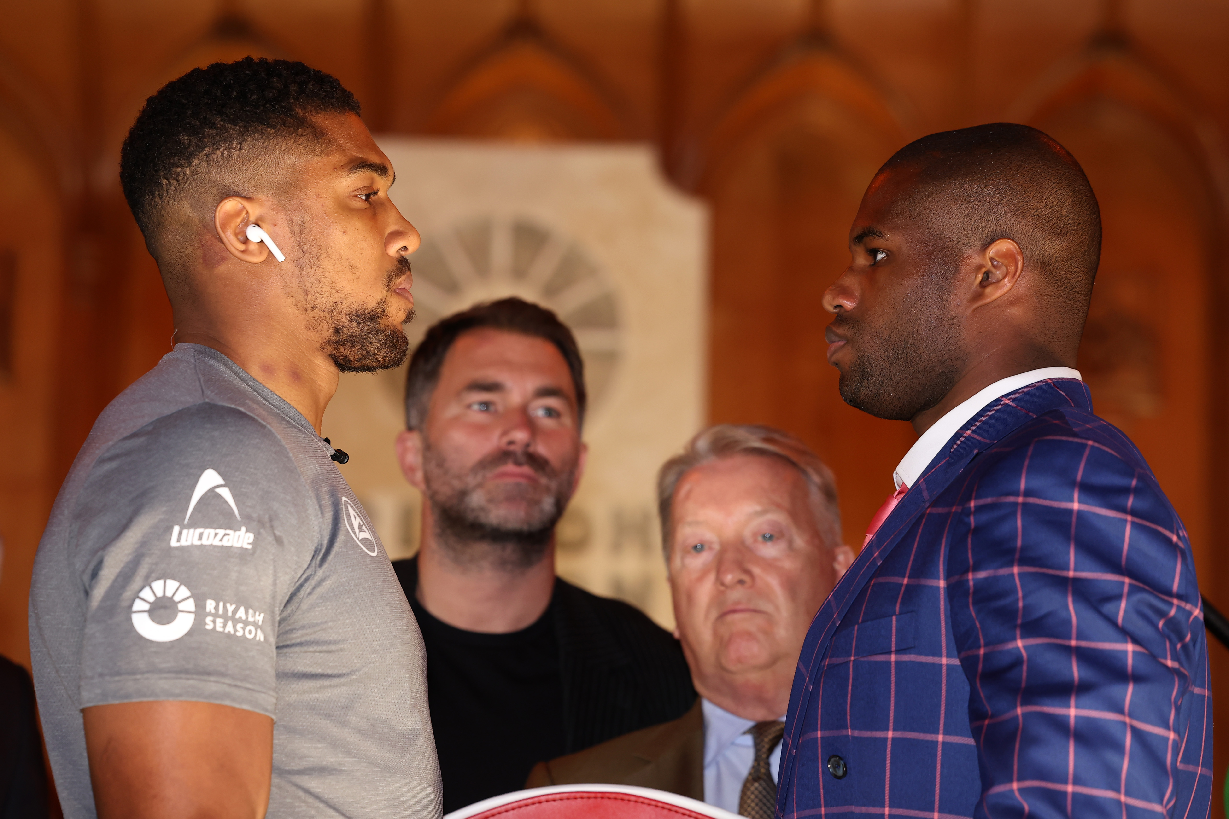 LONDON, ENGLAND - SEPTEMBER 19: Anthony Joshua and Daniel Dubois react on stage ahead of the IBF Heavyweight title fight during a press conference as part of the Riyadh Season - Wembley Edition card at Guildhall on September 19, 2024 in London, England. (Photo by Richard Pelham/Getty Images)