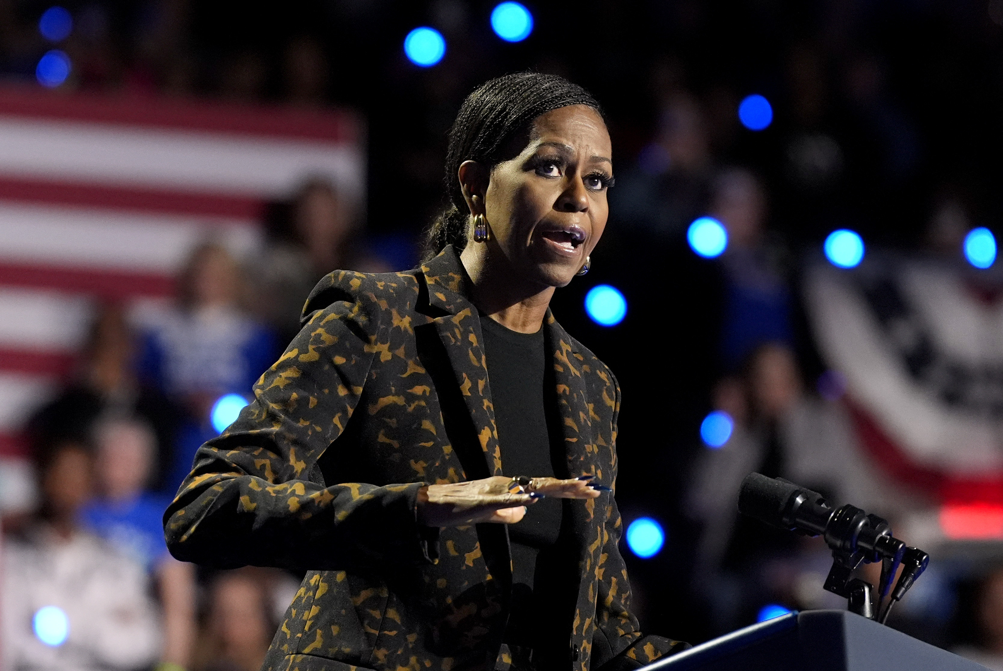 Michelle Obama speaks at a campaign rally for Harris in Kalamazoo, Michigan, October 26, 2024