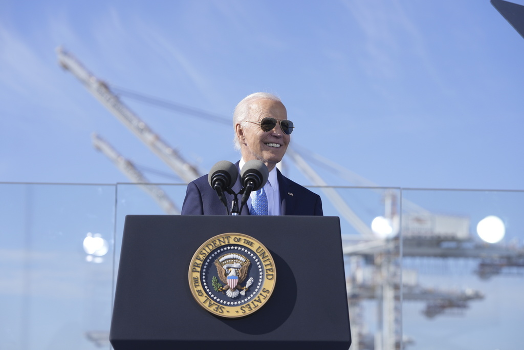 President Joe Biden speaks at the Port of Baltimore in Baltimore, Tuesday, Oct. 29, 2024. (AP Photo/Mark Schiefelbein)