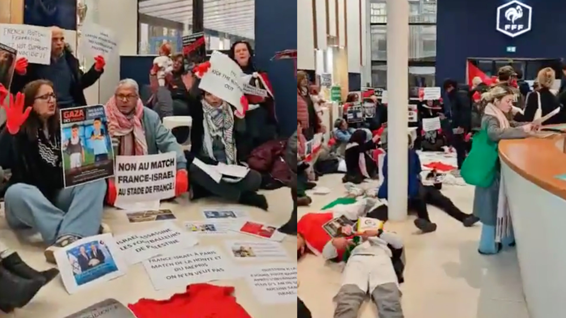 Pro-Palestine activists staged a sit-in at the French Football Federation in Paris on Monday to demand the upcoming match between Israel and France be cancelled.