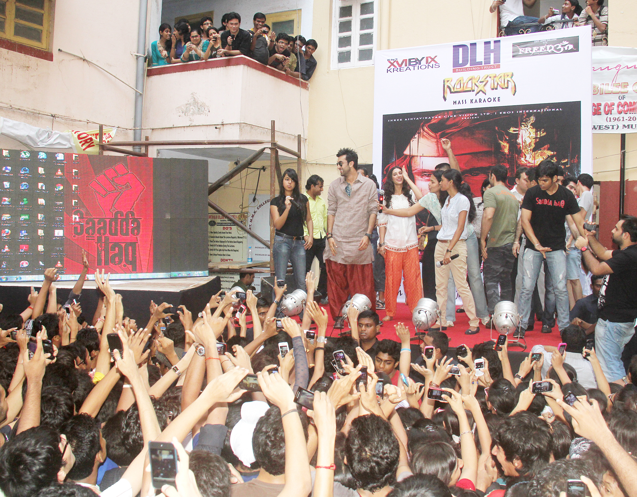 Bollywood actor Ranbir Kapoor promoting his 2011 film Rockstar at a college in Mumbai. The film returned to Indian theatres this year